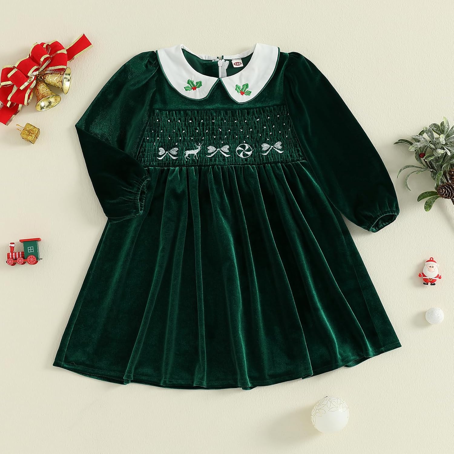 Kids Baby Girls Velvet Christmas Dress Long Sleeve Doll Collar Reindeer Bow Embroidered Smocked Dresses Winter Clothes - Image 6