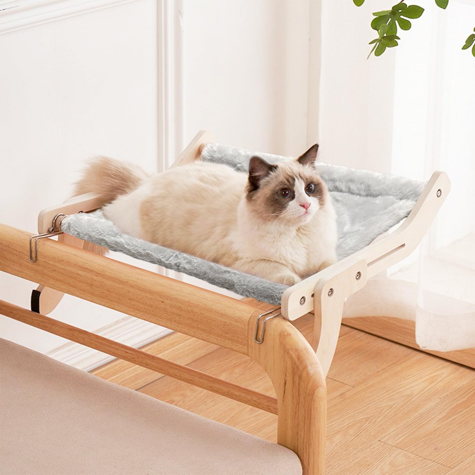 TOTHDATE Cat Window Seat for Indoor Cats Wooden Cat Window Perch Frame Large Cat Window Hammock for Window Sills Bedsides Balcony Grey Plush