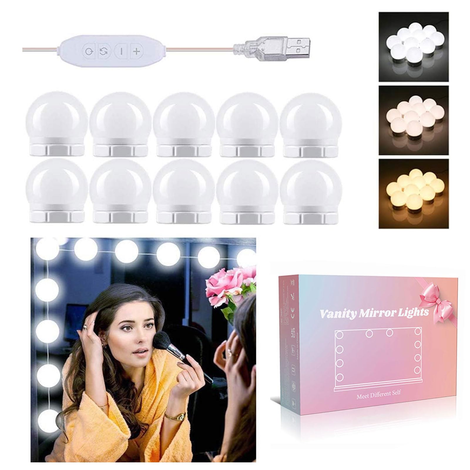 Lampe Miroir LED Hollywood 10 Ampoules Dimmable 3 Couleurs - Idéale Coiffeuse Et Maquillage USB