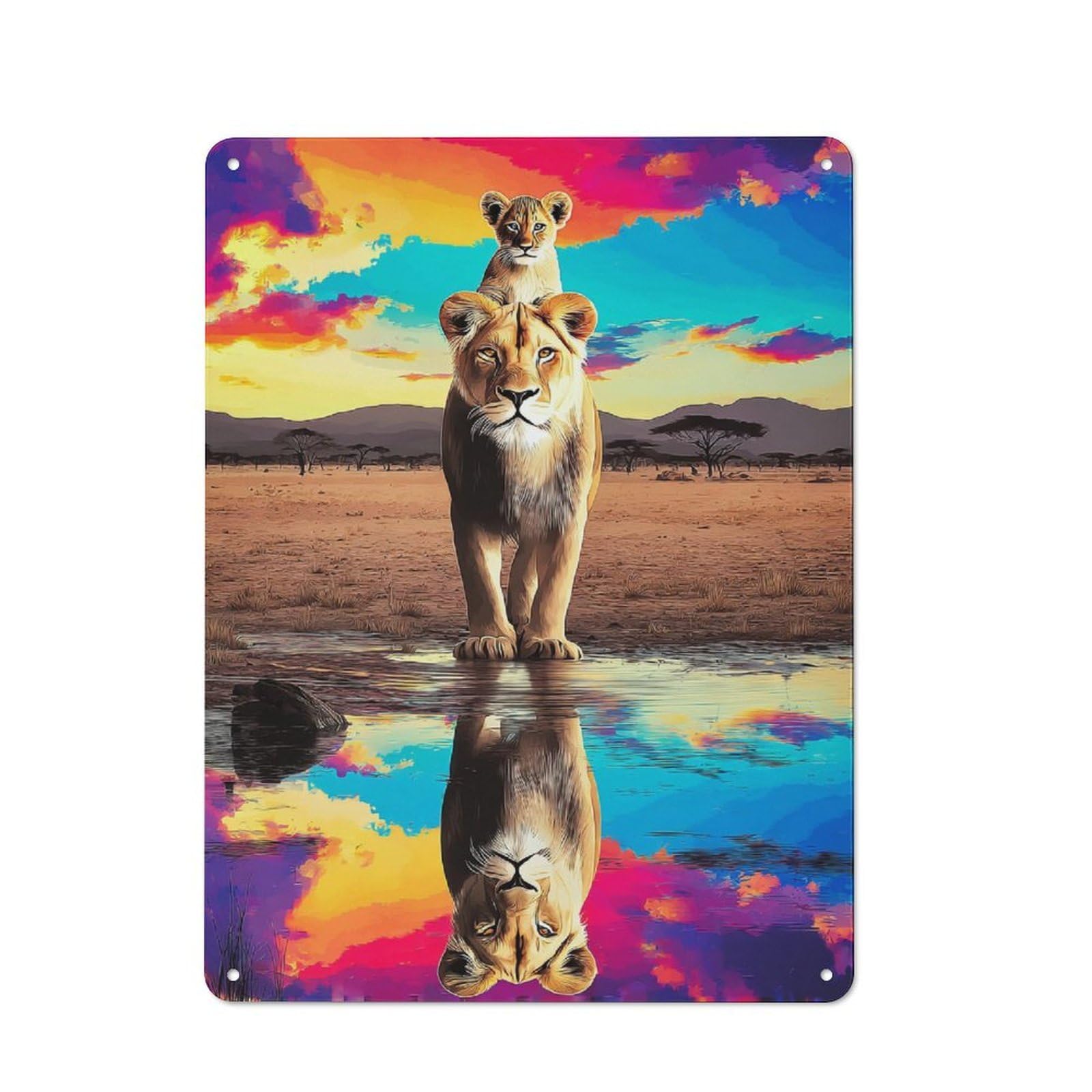 Junmoney Lioness And Cub At Sunset Rustic Metal Sign 40X30cm For Hobby Room Or Studio, For Kitchen, Dining Room And Home Bar Wall Decor