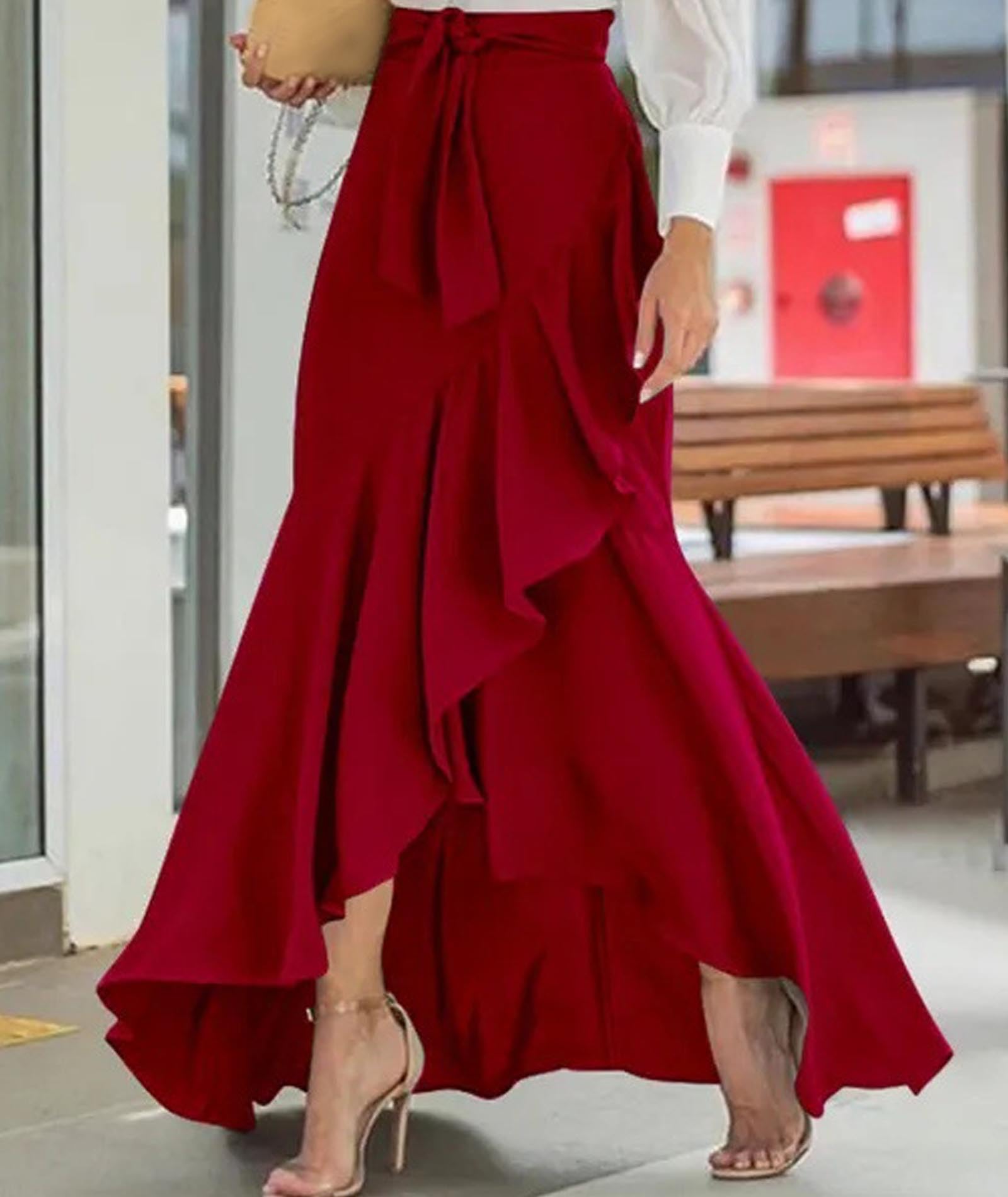 SOMTHRON Gonna lunga da donna casual scozzese a sirena con nodo annodato avvolgere una linea irregolare orlo increspato a coda di pesce gonna lunga