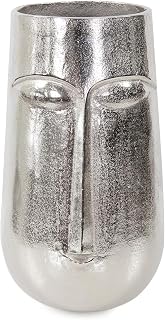 Howard Elliott Collection Bright Silver Bayani Decorative Vase, Small Aluminum Accent with Stone Heads Design for Table Centerpiece, Bookshelf and Living Room Decor, 11 x 7 x 7.5 Inch