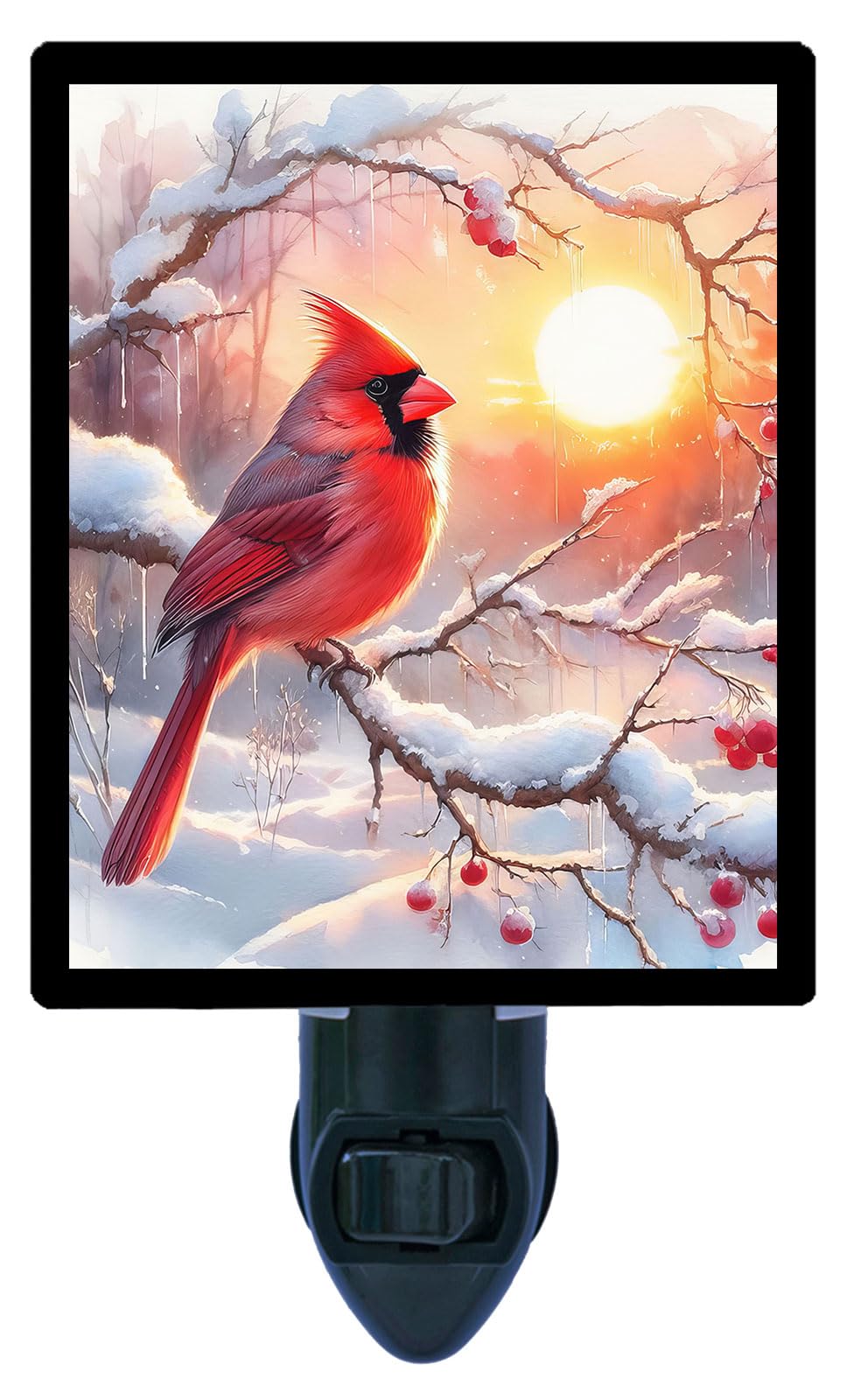 LED Night Light Winters Radiance Winter Cardinal Design Fully Enclosed Rotating Plug Glass Front