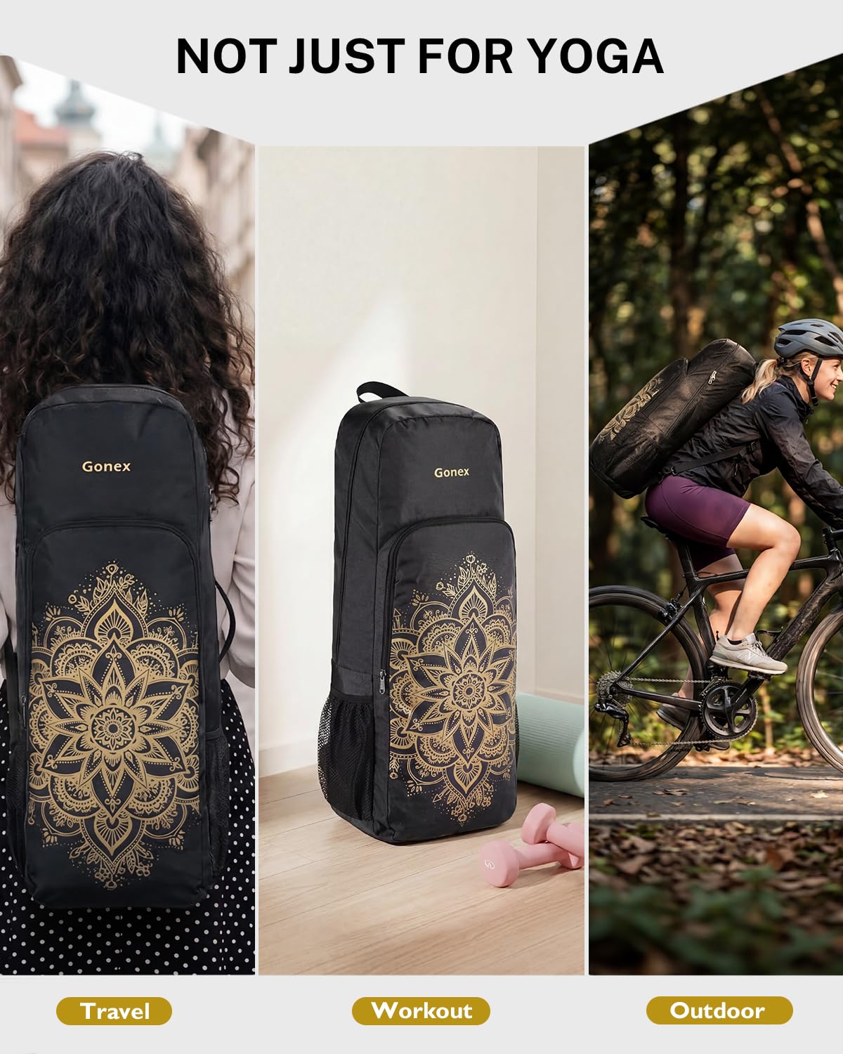Gonex Sac de Yoga avec Portage 2 Façons, Sac à Dos Yoga Grande Capacité avec Compartiment Humide et Fermetures Éclair Métal, Sac à Dos Yoga pour Tapis de Yoga, Fitness et Voyage