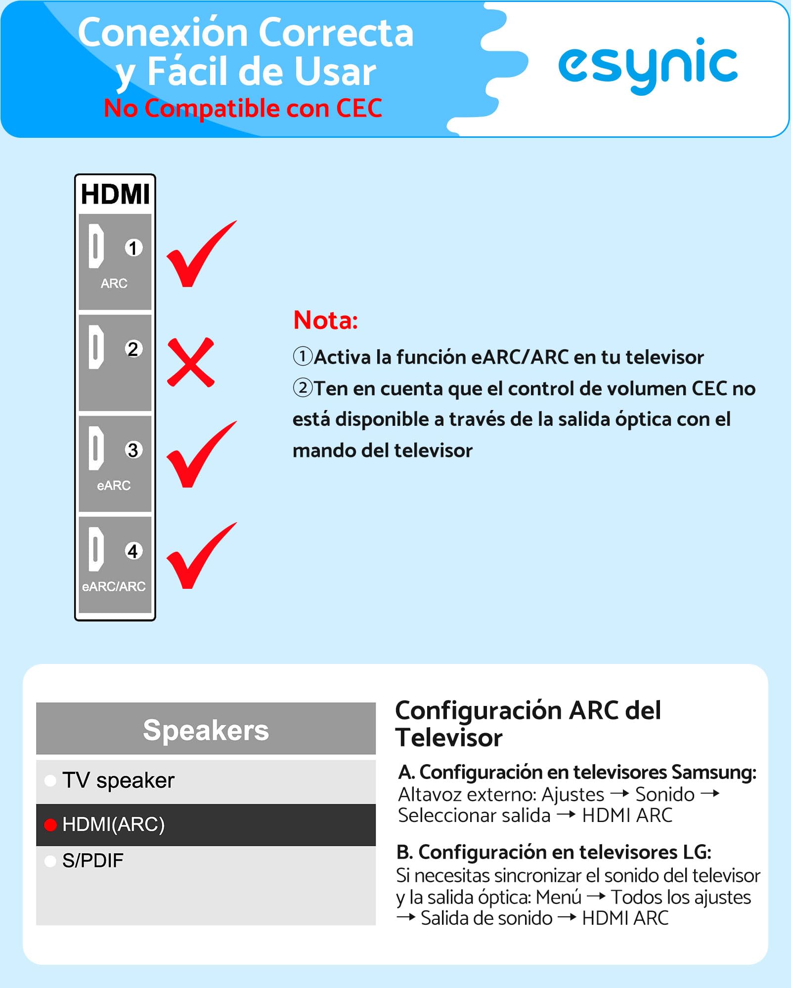 eSynic Cable eARC ARC a Óptico 1.5m HDMI ARC a TOSLINK Audio Extractor Adaptador HDMI ARC a Optical Compatible con TV Soundbar Home Cinema Auriculares Convertidor Audio Digital Plug and Play
