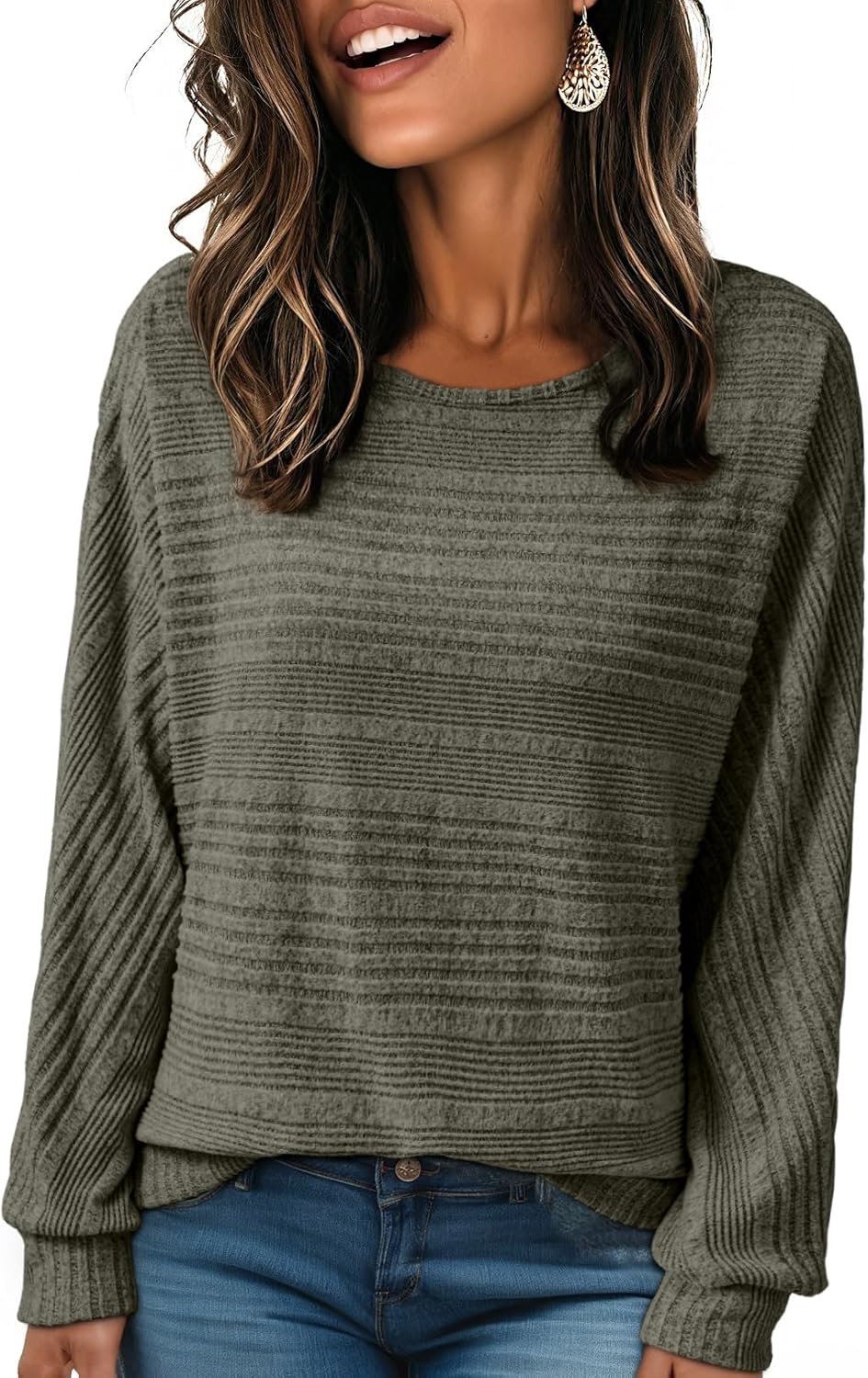 EVALESS Women's Soft Long Sleeve Blouses Crewneck Pullover Tops Business Casual Batwing Knitted Oversized Outfits 2026