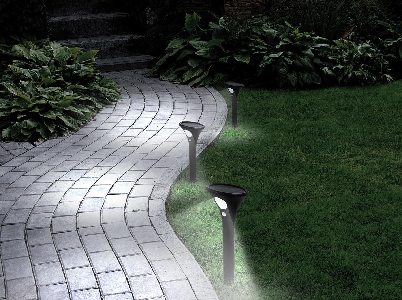 Lunartec Solarleuchten Gehwege: 8er-Set Design-Solar-Wegeleuchten, Licht- & Bewegungssensor, kaltweiß (Solar-Wegeleuchte Bewegungsmelder, Sensor-Gartenleuchten, Alarm)