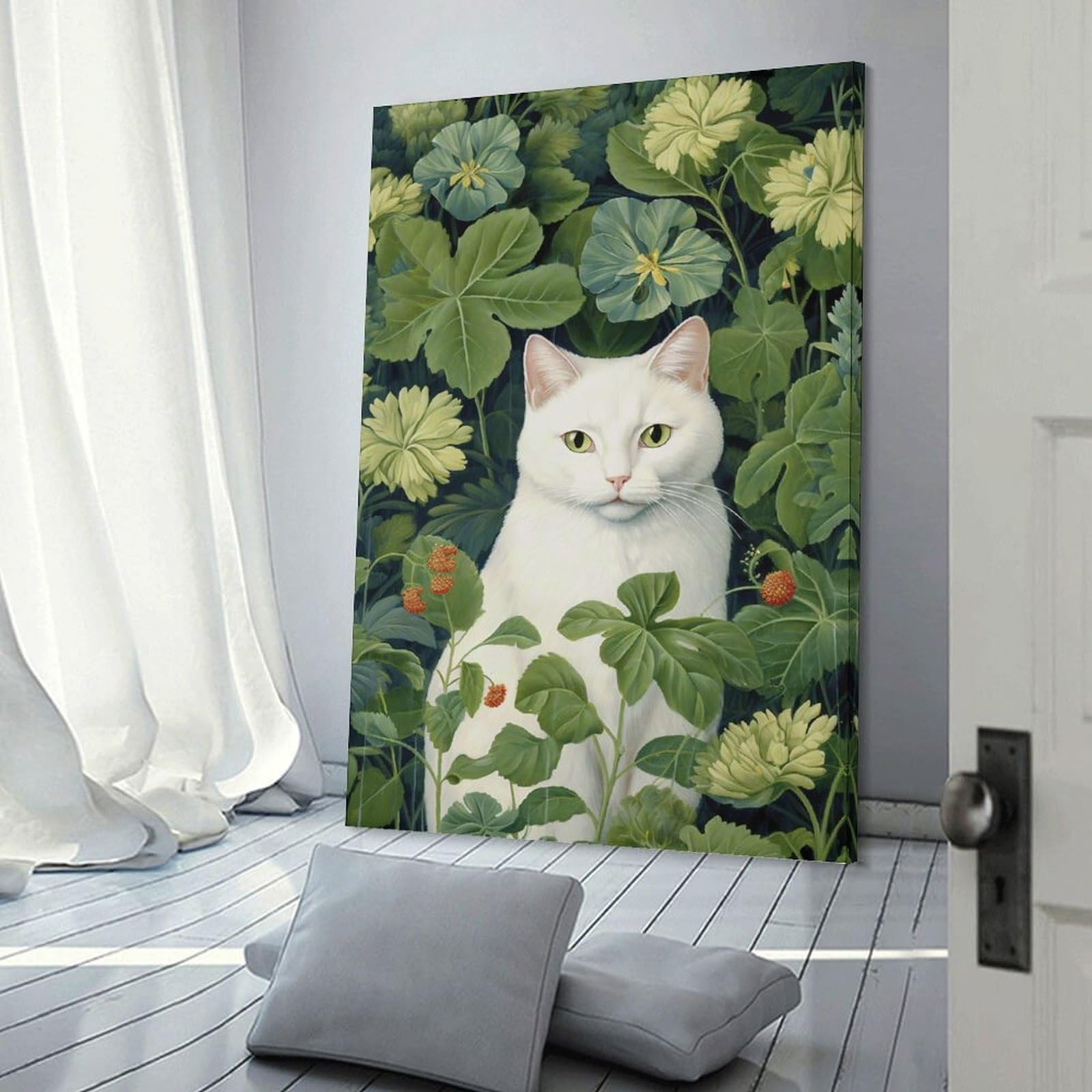Junmoney White Cat Among Greenery Wall Picture Print 08x12inch(20x30cm), for Home Walls, Creative Rooms Or Shared Spaces, Stylish Home Artwork for Focal Walls