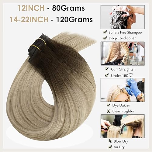 Miniatura 5 de Full Shine - Extensiones de cabello humano con clip, trama de poliuretano, rubio ombré, color castaño oscuro a reflejos rubios, sin costuras, para