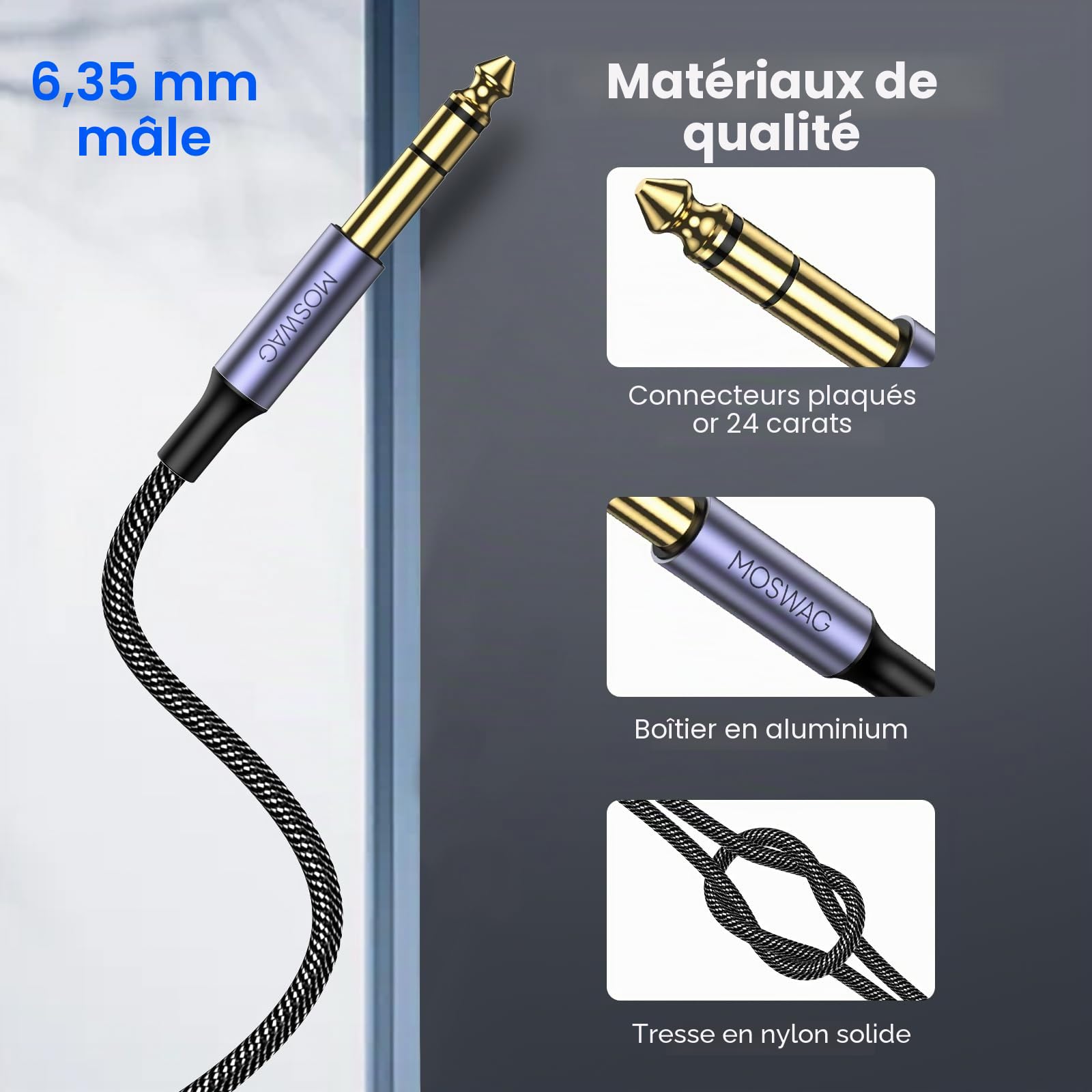 MOSWAG Câble Audio 3.5mm vers 6.35mm Stéréo Jack 1M, Câble Jack TRS Nylon Tressé 6.35 Mâle vers 3.5 Mâle pour DVD, Haut Parleurs, Table de Mixage, Cinéma Maison etc
