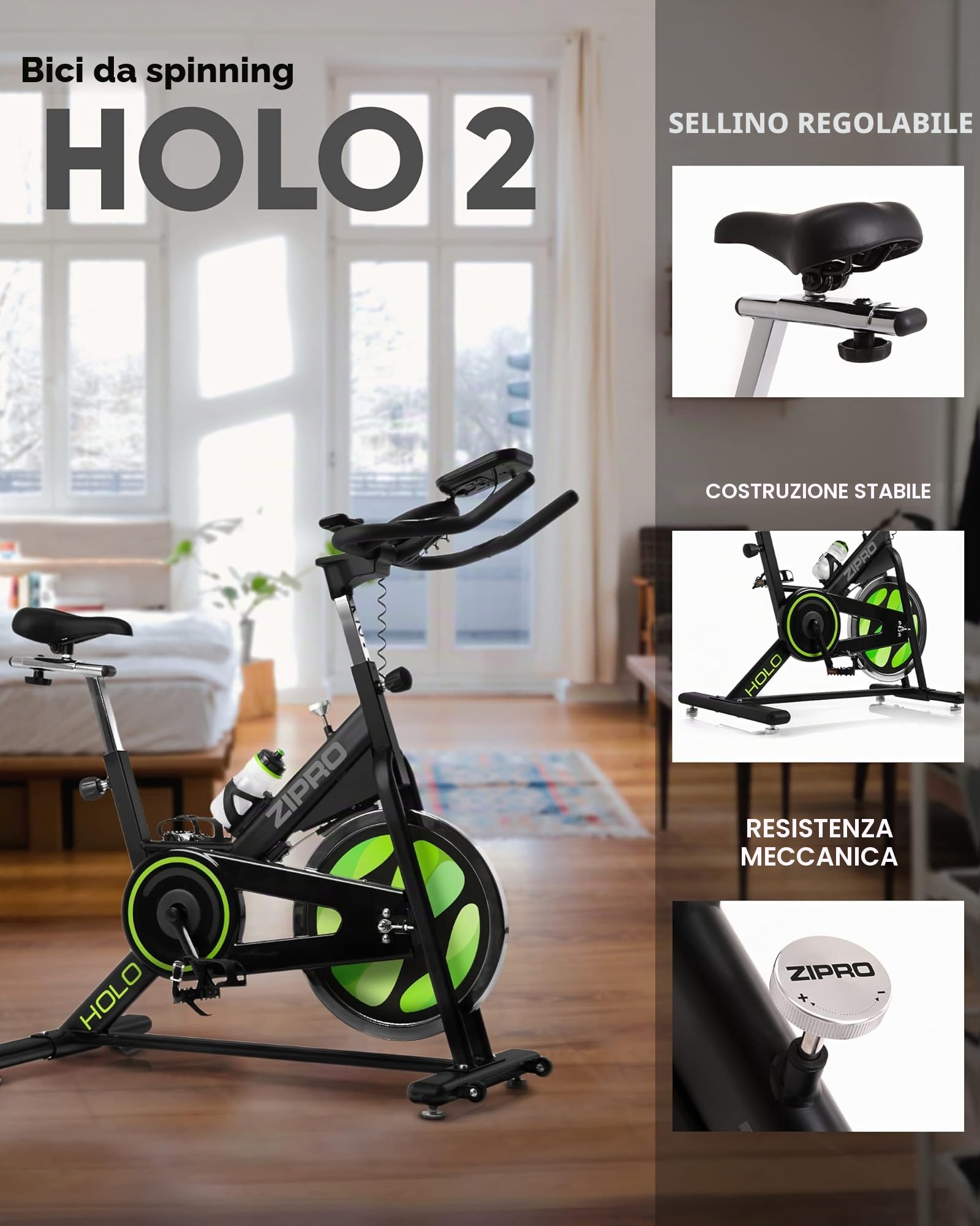 Zipro Cyclette Holo 2, Fitness Bike Ergometrico, Trainer Magnetico per Bicicletta, Ergometro fino a 130 kg, Bici da Interno, Cyclette per Allenamenti Domestici, Batteria Operata