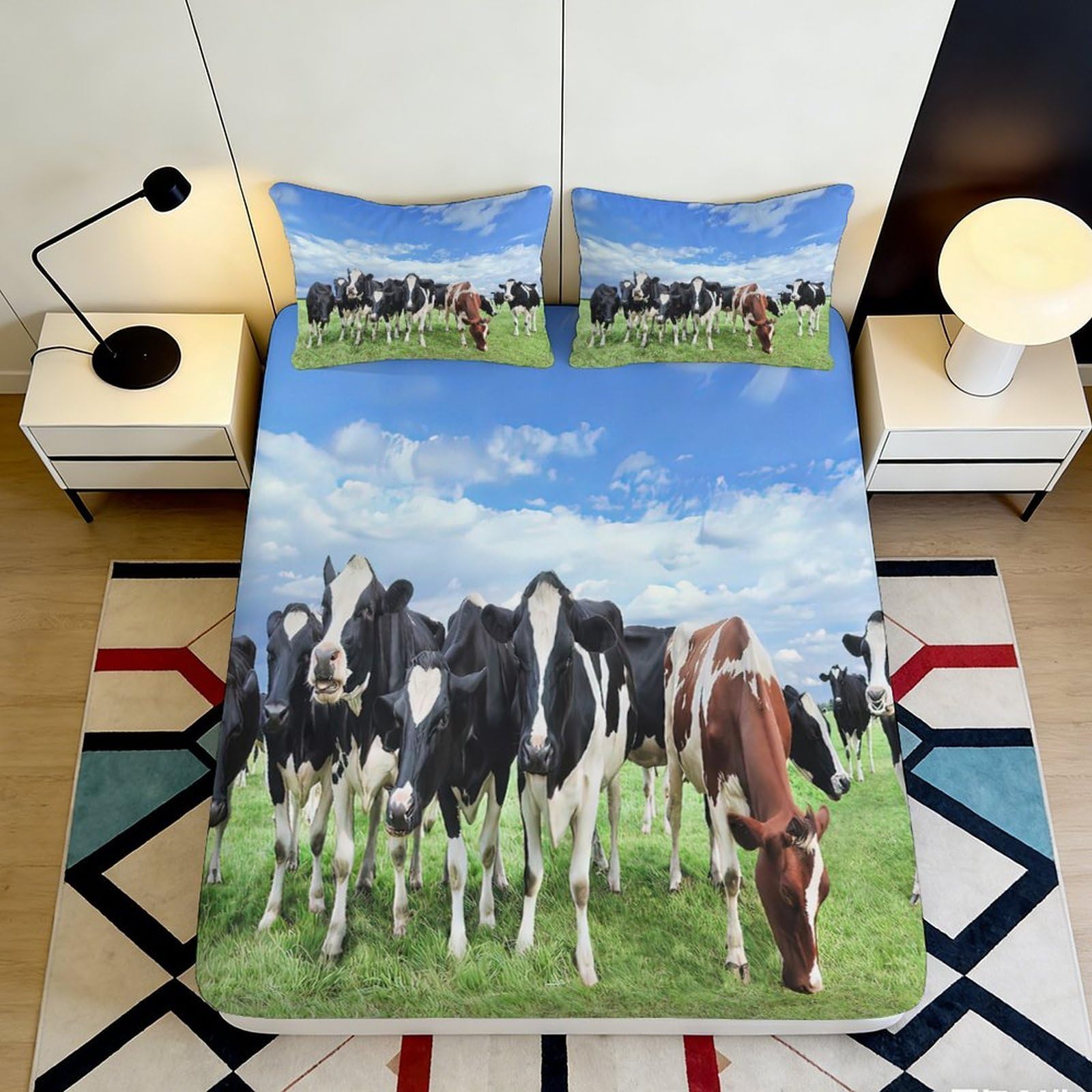 Dhbaneiok Style-2 3D Printed Pastoral Cow Fitted Sheet Microfiber Soft Farm Landscape Mattress Cover For Bedroom Guest Room Decor 90X200x25cm