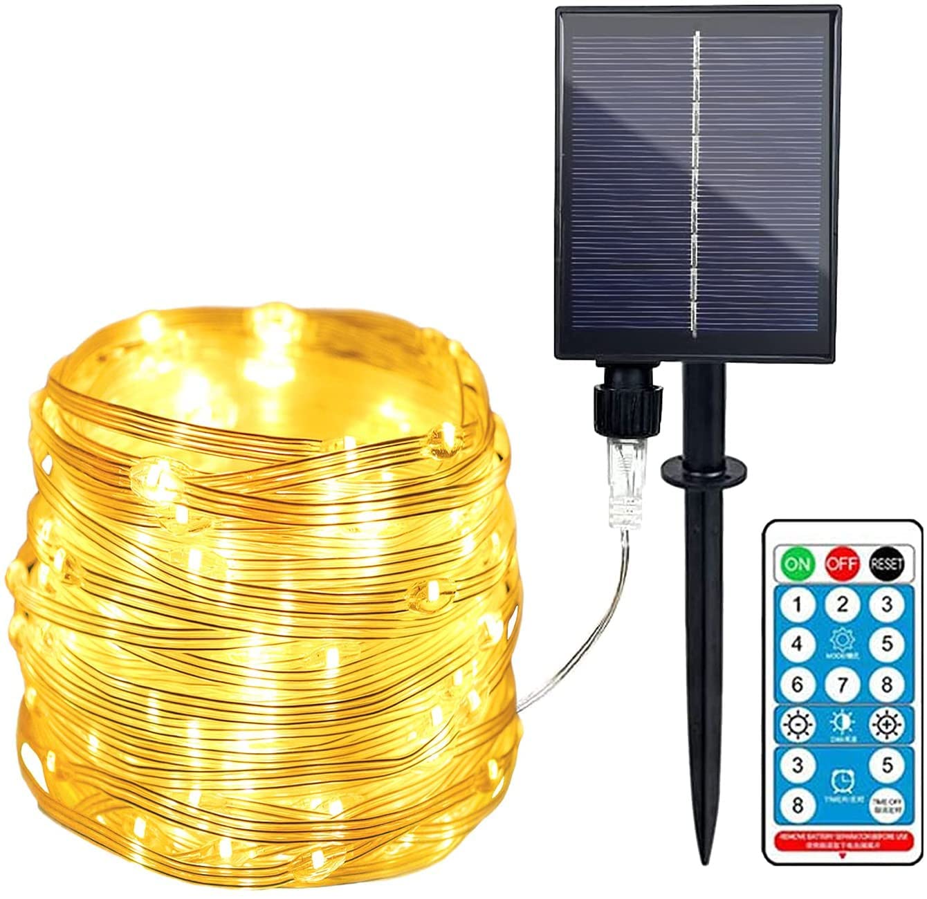 wangbadan Luces de cadena solares al aire libre, Luces de cadena de jardín solar Luces de hadas de 8 modos a prueba de agua con temporizador remoto (20M 200LED, Cálido)
