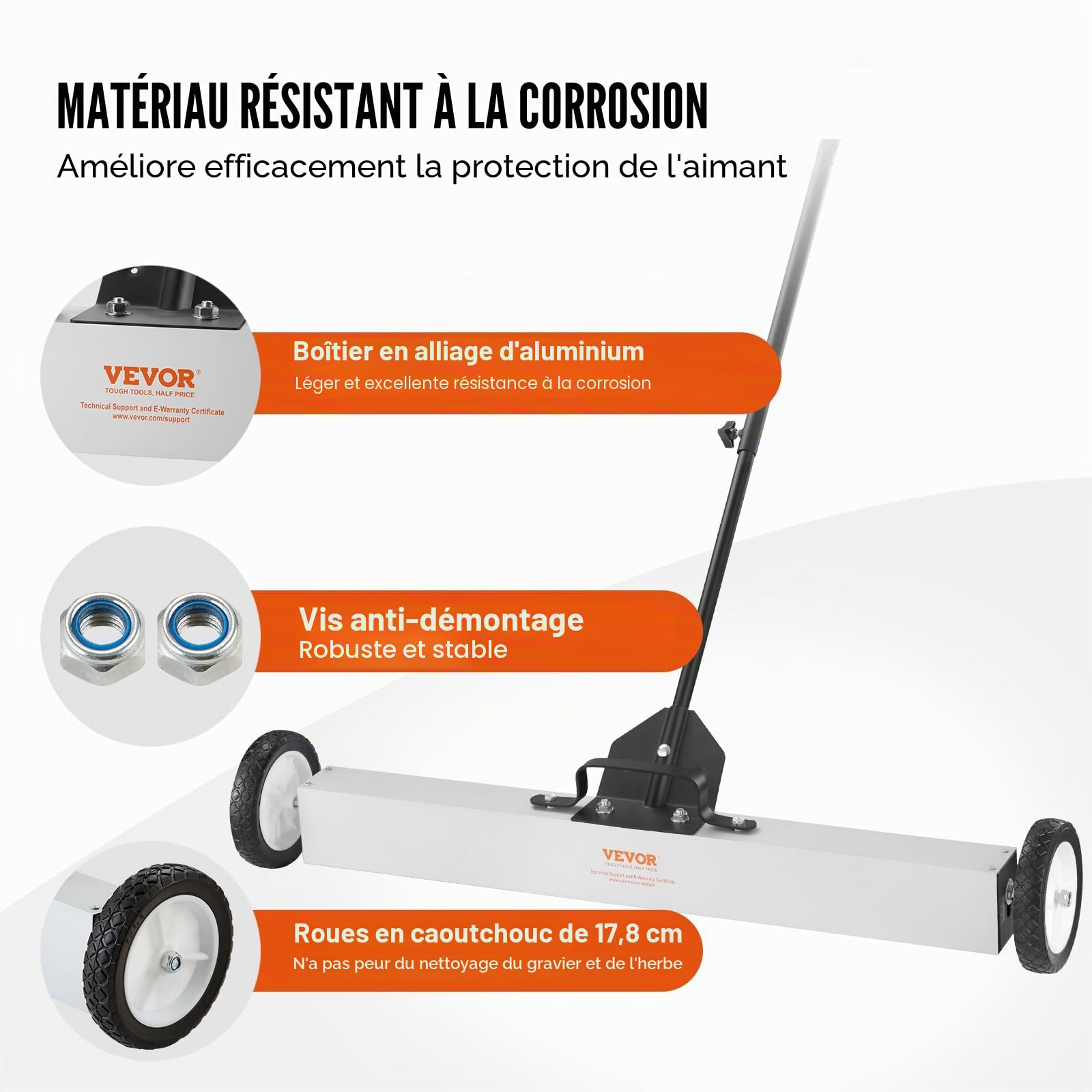 VEVOR Balayeuse Magnétique 24,9 kg Balai Magnétique Télescopique 77-113 cm 745 mm avec Roues