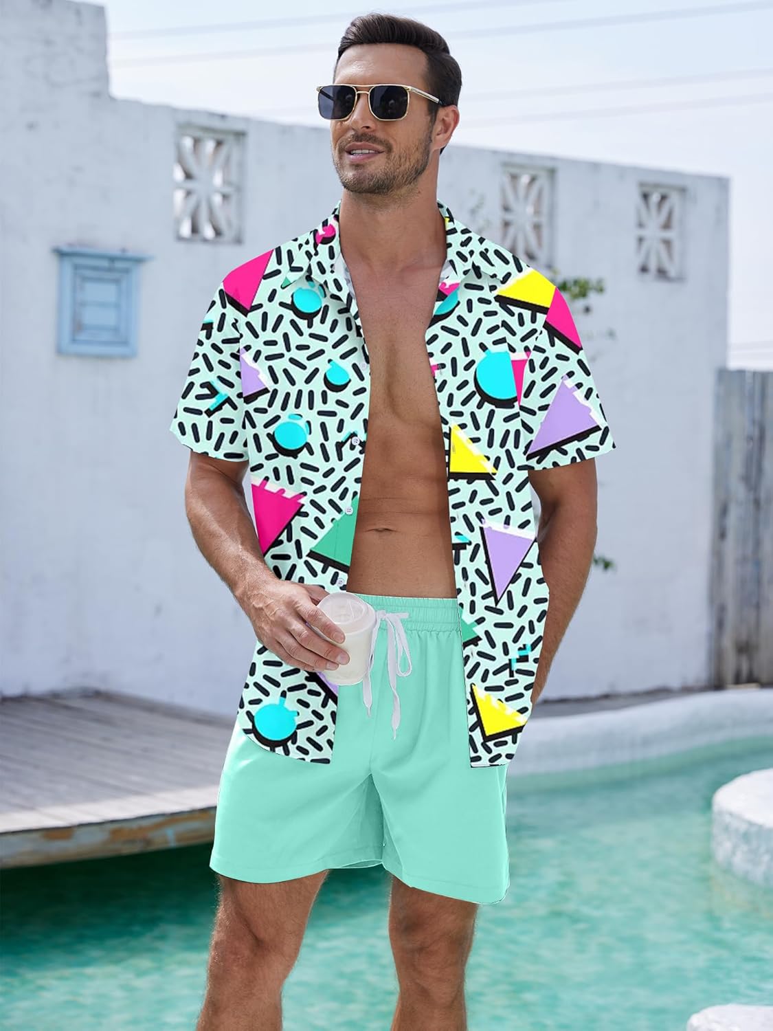 UOUA Men's Beach 2 Piece Outfits Hawaiian Flower Button Down Shirts and Shorts Sets - Image 3