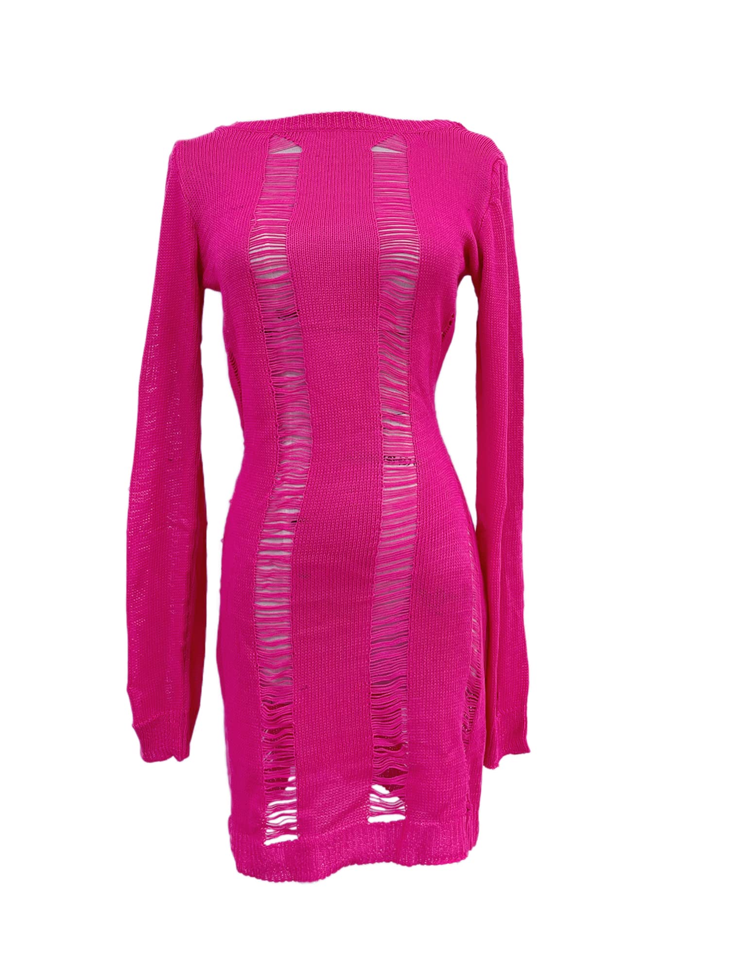 Acrawnni Women Y2K Hollow Out Dress Long Sleeve Round Neck Mesh Cut-Out Wrapped Mini Dress Clubwear Party Cocktail Clothes (A-Rose, L)