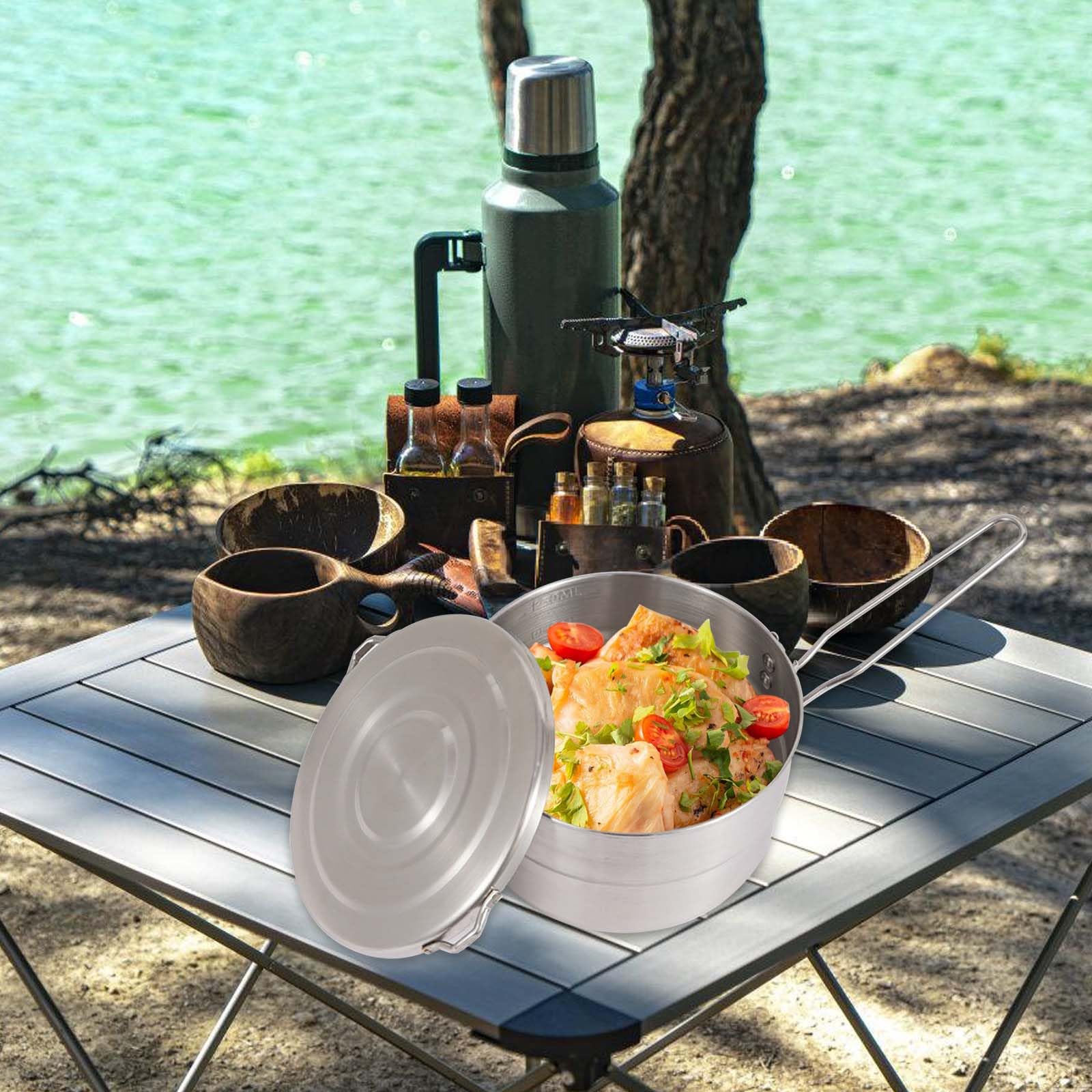 Set di stoviglie da campeggio, in acciaio inox, 1,5 l, con coperchio e manico pieghevole, per campeggio, escursioni, picnic