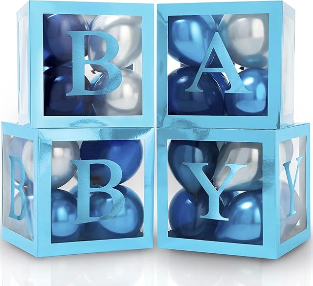 Baby Boxes with Letters for Baby Shower - Baby Shower Box Set of 44 pcs, 32 Metallic Blue Balloons, 4 Clear Blocks, 4 Letters - Gender Reveal Decorations, Party Backdrop for Boys & Girls Birthday