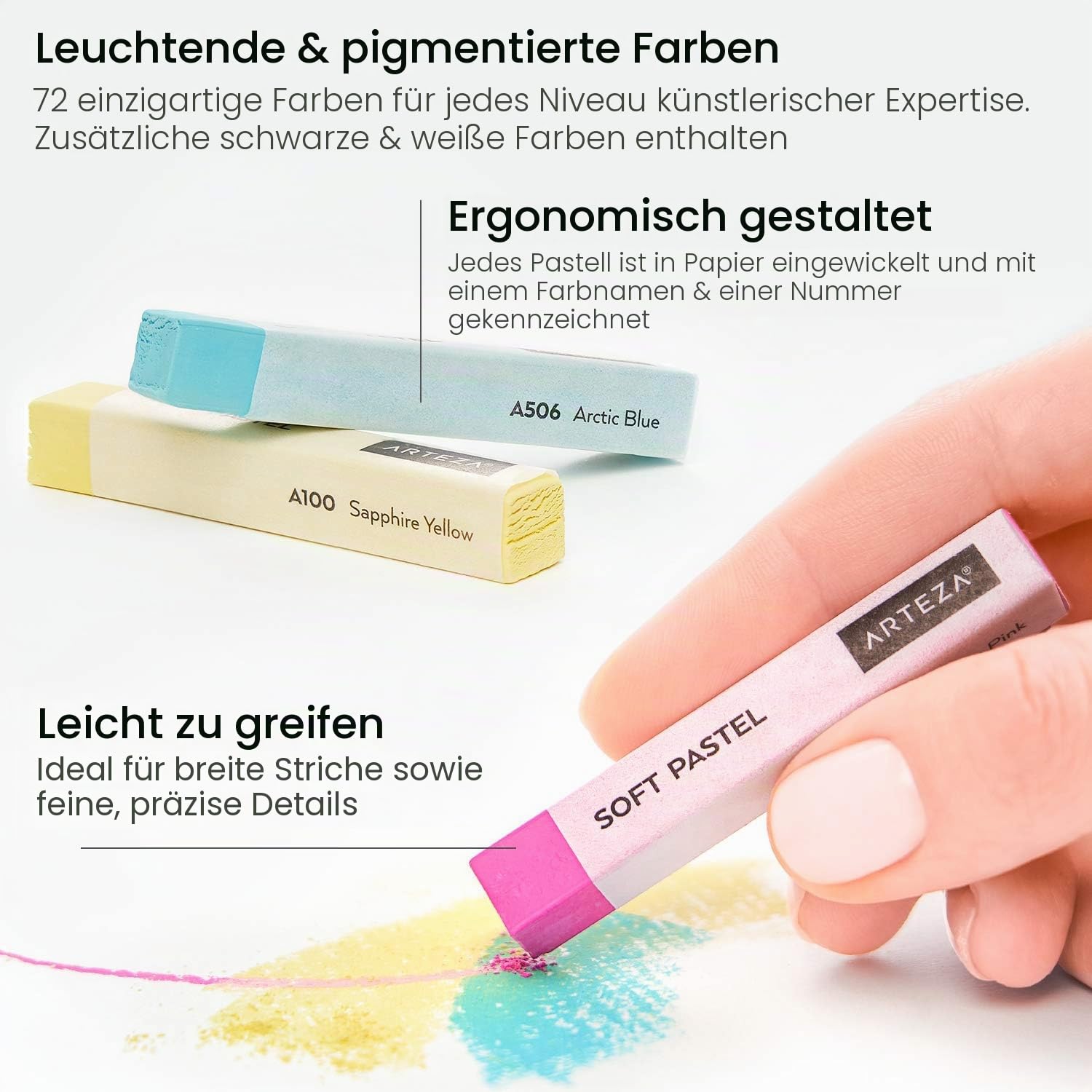 Arteza Weiche Pastellkreide, Set mit 72 Kunst-Pastellstäbchen für Kunst- und Handwerksprojekte, Zeichnen, Mischen, Schattieren, Kunstbedarf für alle Altersgruppen und künstlerische Erfahrungsstufen.