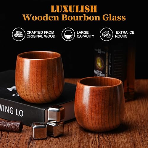 Miniatura 2 de Vaso de bourbon de madera grande de 10 onzas, incluye 3 cubitos de hielo de acero inoxidable, la taza de whisky de madera original, vasos de bebida