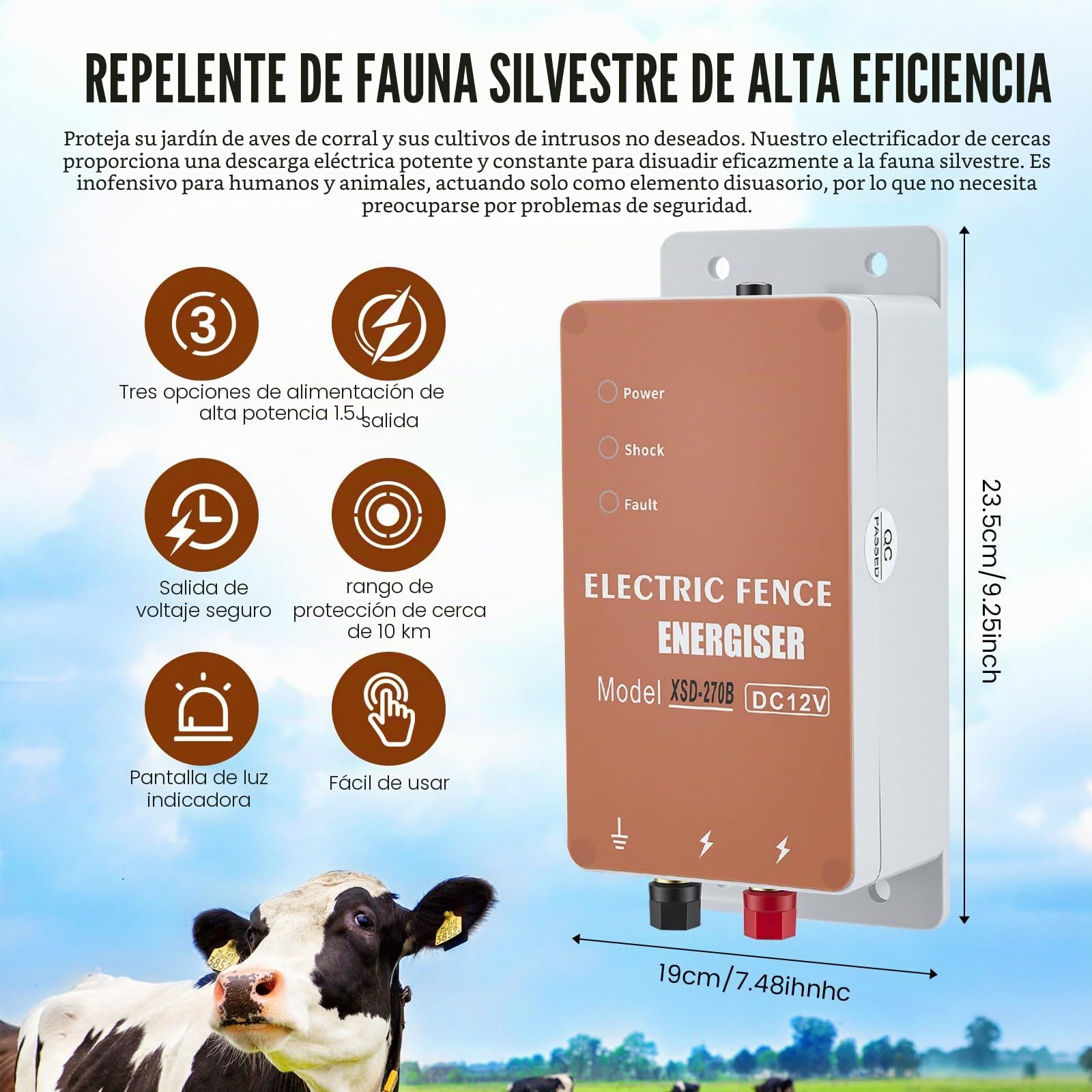 Pastor Electrico 1,5J/10kV baja impedancia – Potente equipo 10 km para pastos pequeños. Protección para ganado, ovejas, aves contra jabalíes. Controlador impermeable.