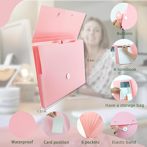 Miniatura 3 de Organizador de archivos de acordeón, carpeta de archivos expansible rosa de 6 bolsillos con cuaderno y bolsa de almacenamiento, organizador de