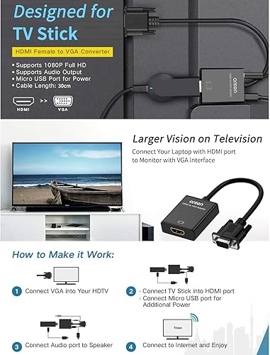 Miniatura 5 de ONTEN Adaptador HDMI a VGA HDMI hembra a VGA macho con conector de audio de 0.138in para TV Stick, Raspberry Pi, portátil, monitor, PC, tableta,