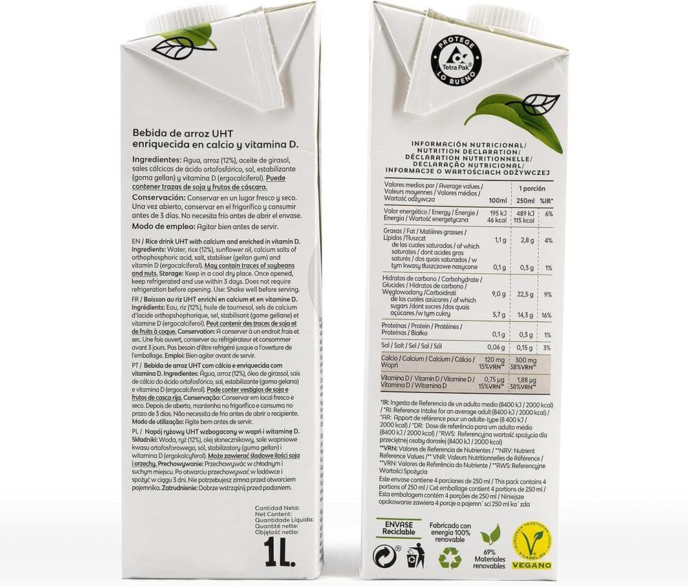 Frías - Boisson Végétale au Riz - Riche en Calcium et Vitamine D - Pack de 6 x 1 L - 100% Végane - Sans Gluten, Sans Lactose, Sans Sucres Ajoutés et Sans Graisses Saturées - Fabriquée en Espagne