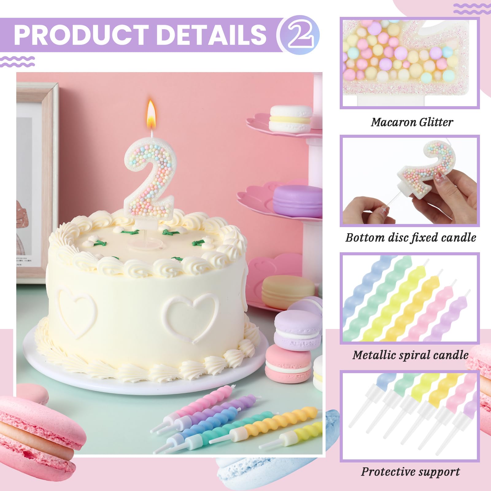 Macaron Number 2 Candle - Sweet Pastel Cake Topper For 2nd Birthday Parties & Celebrations