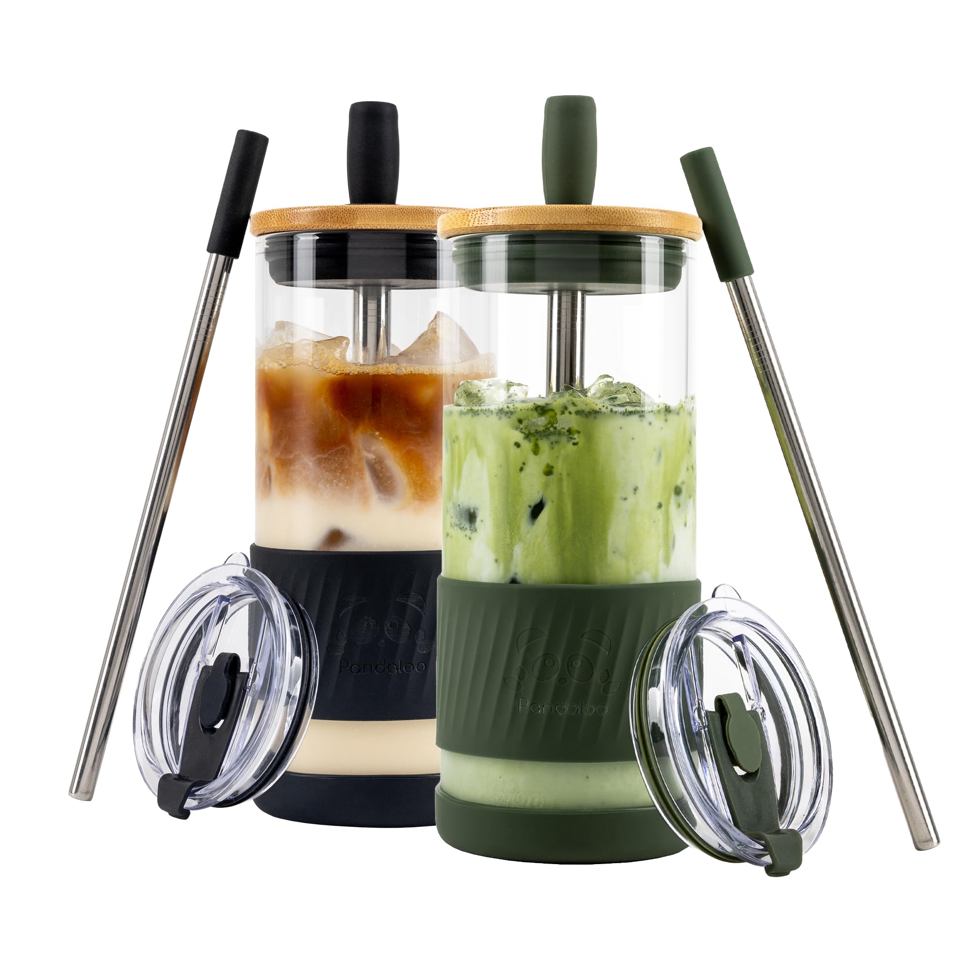 Pandaloo® Glass Cups With Lids and Straws -20 Fl Oz- Perfect Size Iced Coffee Cup - Smoothie Cup With Bamboo Lid and On the go Lid - (2 Count (Pack of 1), Black Saphir-Mediterranean Olive)