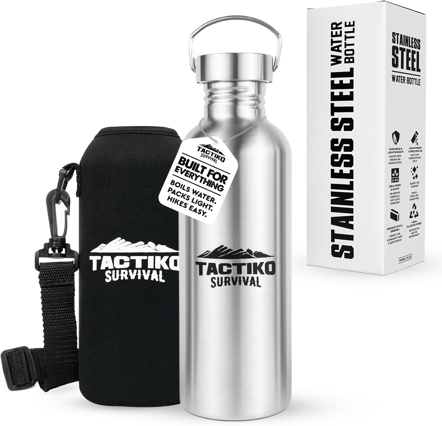 Tactiko Survival 34 oz/1000 ml Stainless Steel Wide Mouth Water Bottle, Single Wall Boil-Safe, Leakproof, BPA-Free with Carry Sleeve and Strap for Camping, Hiking, Outdoor Prep (Black) Tactiko Survival 34 oz/1000 ml Stainless Steel Wide Mouth Water Bottle, Single Wall Boil-Safe, Leakproof, BPA-Free with Carry Sleeve and Strap for Camping, Hiking, Outdoor Prep (Black)