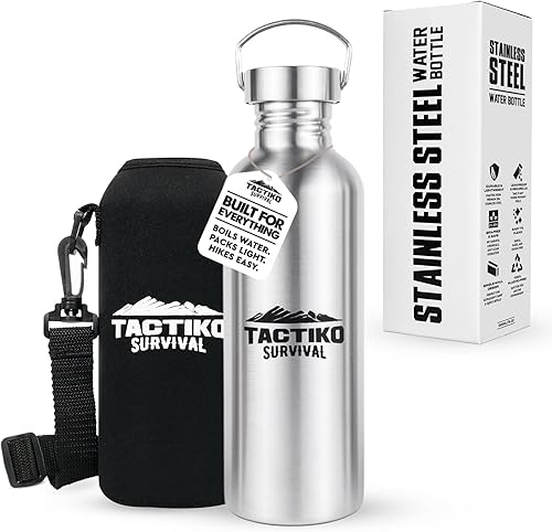 Tactiko Survival Botella de agua de boca ancha de acero inoxidable, de una sola pared, apta para hervir, a prueba de fugas, sin BPA, con funda de