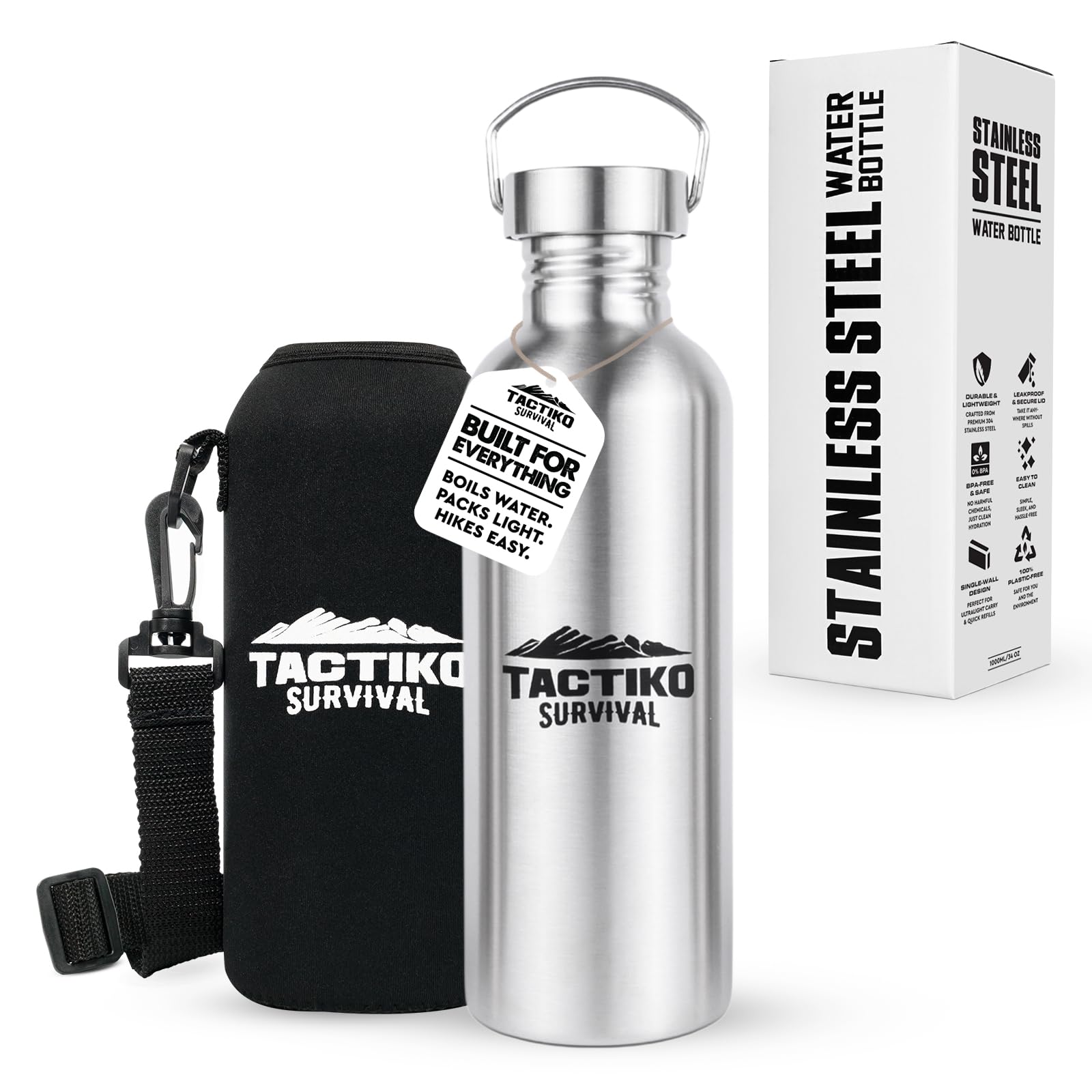 Tactiko Survival 34 oz/1000 ml Stainless Steel Wide Mouth Water Bottle, Single Wall Boil-Safe, Leakproof, BPA-Free with Carry Sleeve and Strap for