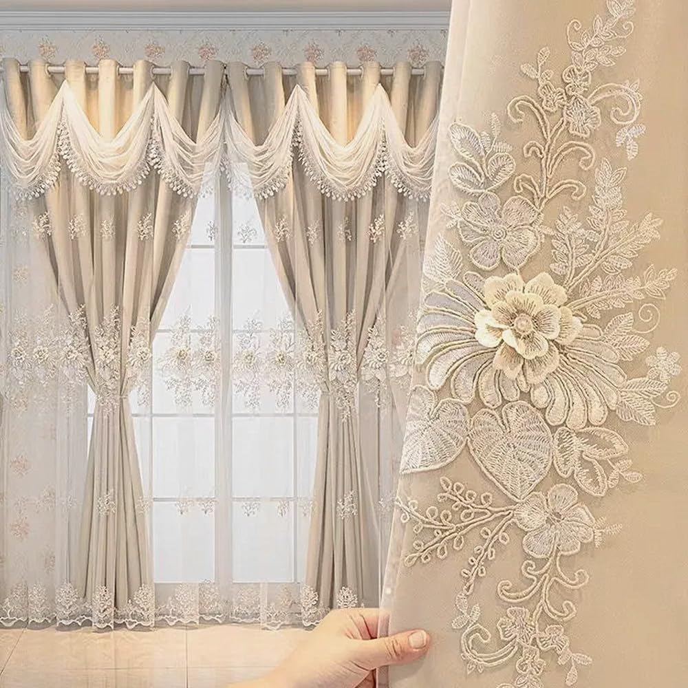Amidoudou Paire de rideaux européens de luxe avec cantonnière ondulée pour salon, chambre à coucher - Double couche - Beige - 168 x 243 cm