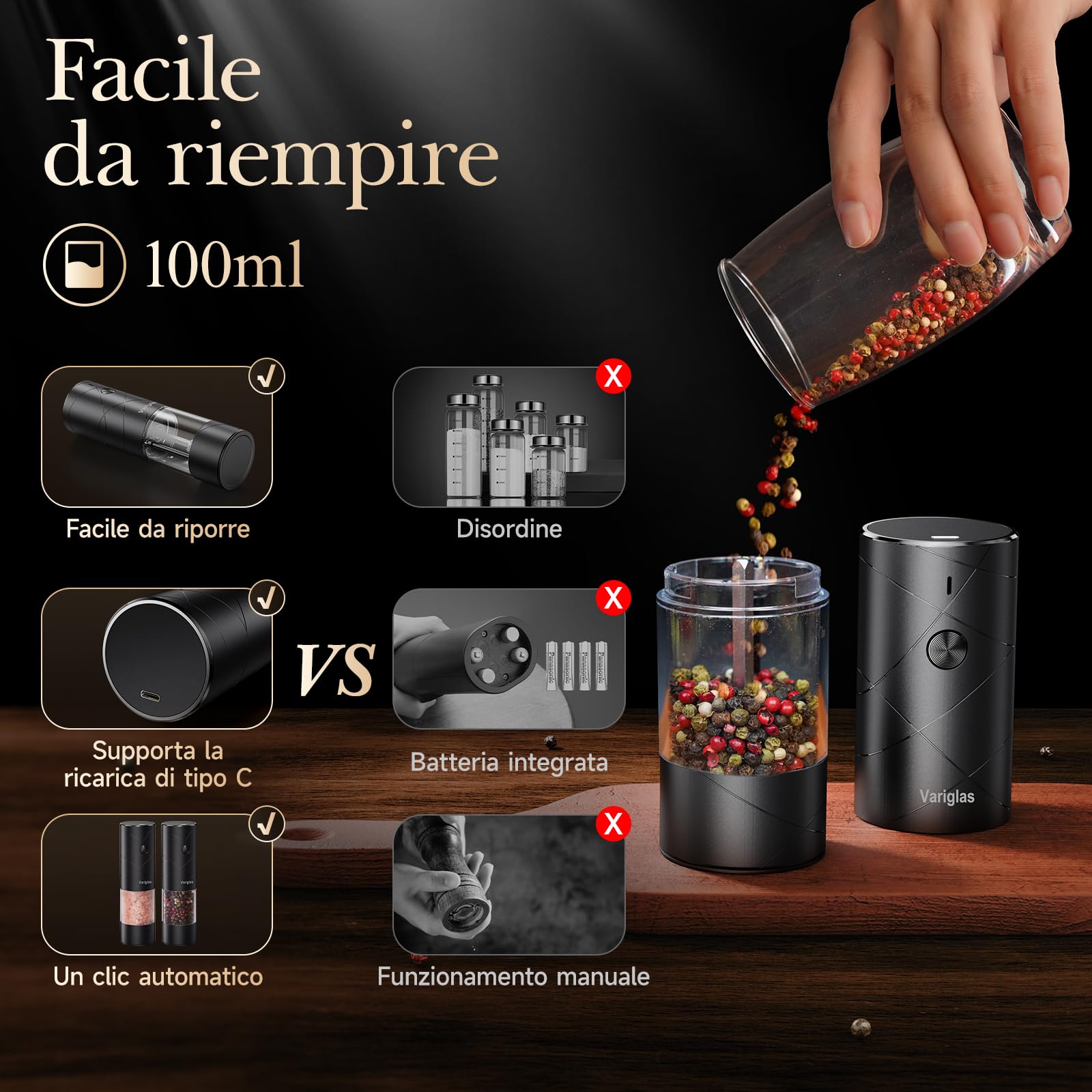 Variglas Macinasale e pepe elettrico, set da 2 pezzi, con USB, ricaricabile tramite USB, grande capacità, migliorata capacità elettrica, grossolana regolabile, luce LED (01B)