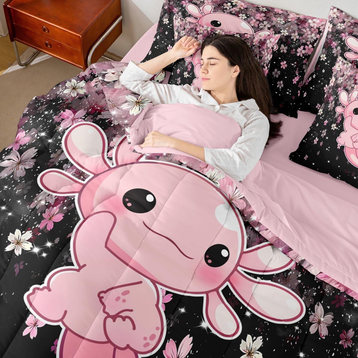 Cute Axolotl Twin Size Comforter Set with Sheets for Girl Cartoon Pink Axolotl 7-Piece Bedding Set for Kids Teens Kawaii Salamander Sea Ocean Animal Bed in a Bag Romantic Cherry Blossom Bed Quilt Sets