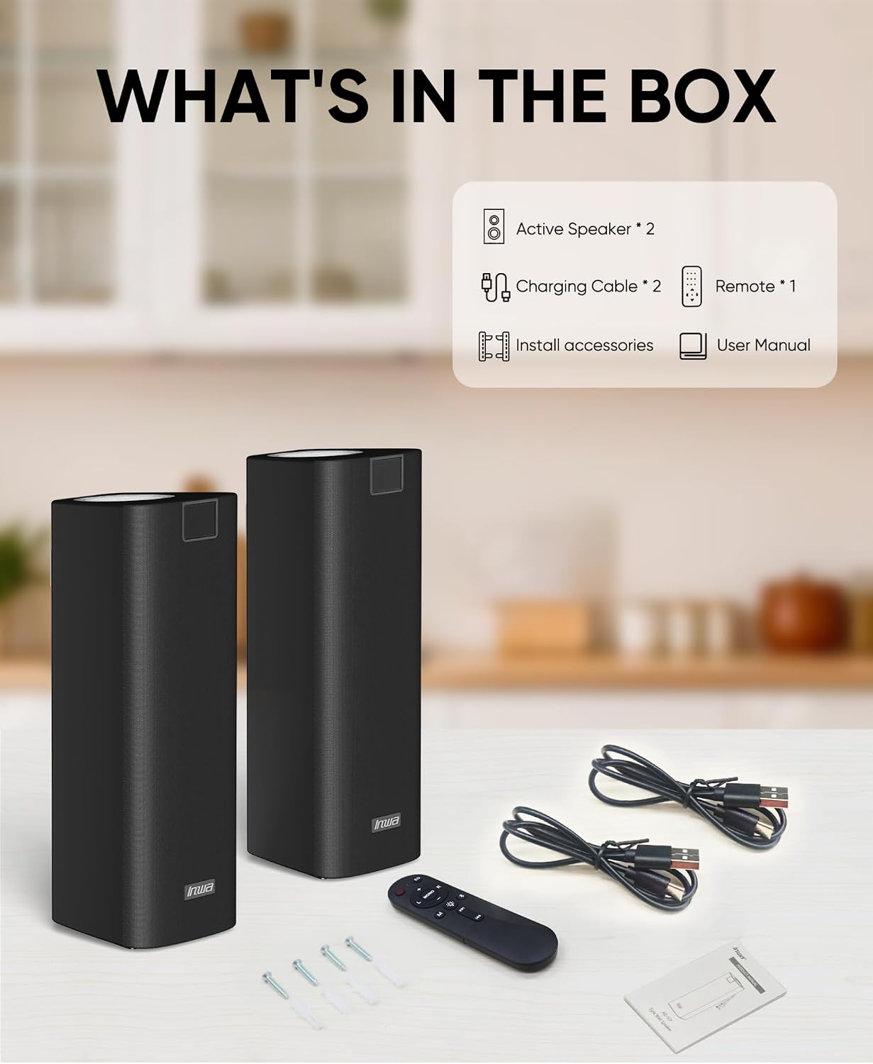 Inwa Outdoor Bluetooth Speakers with Lights, IP65 Waterproof Wireless Stereo Speaker, 10H Battery, Auracast Multi-Pairing, Wall Mount Sound System w/Aux for Porch, Patio, Garage, Home(Light Black)