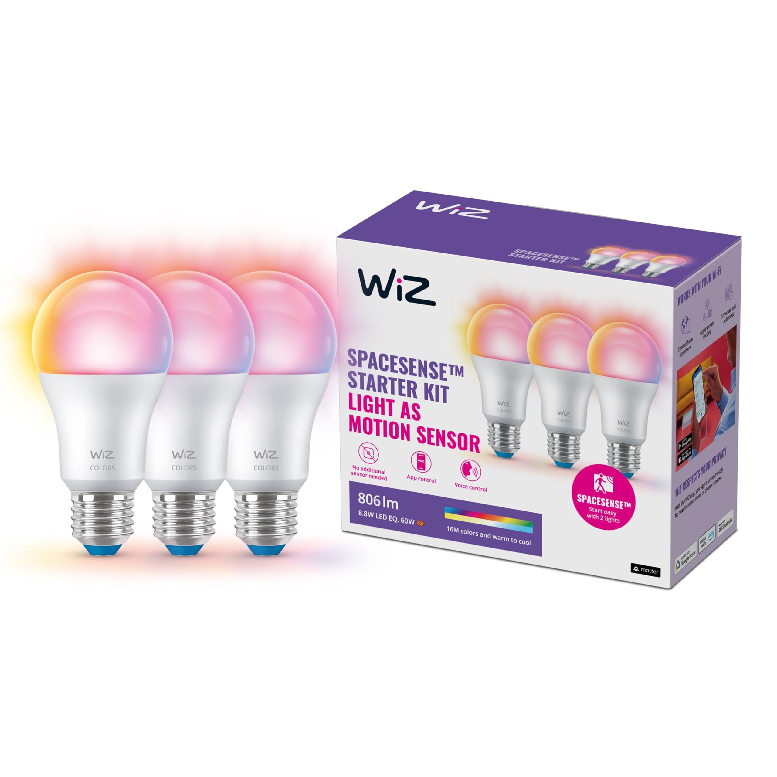 WiZ Lamp 3 Pack - Luces LED inteligentes - Luz blanca cálida a fría - E14-60W -...