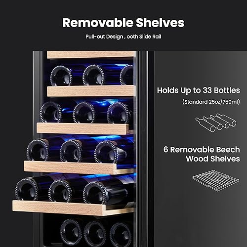 Miniatura 2 de Yeego Refrigerador de vino  Refrigerador de vino de 15 pulgadas con capacidad para 33 botellas, 40-65  F, puerta de vidrio para refrigerador de vino