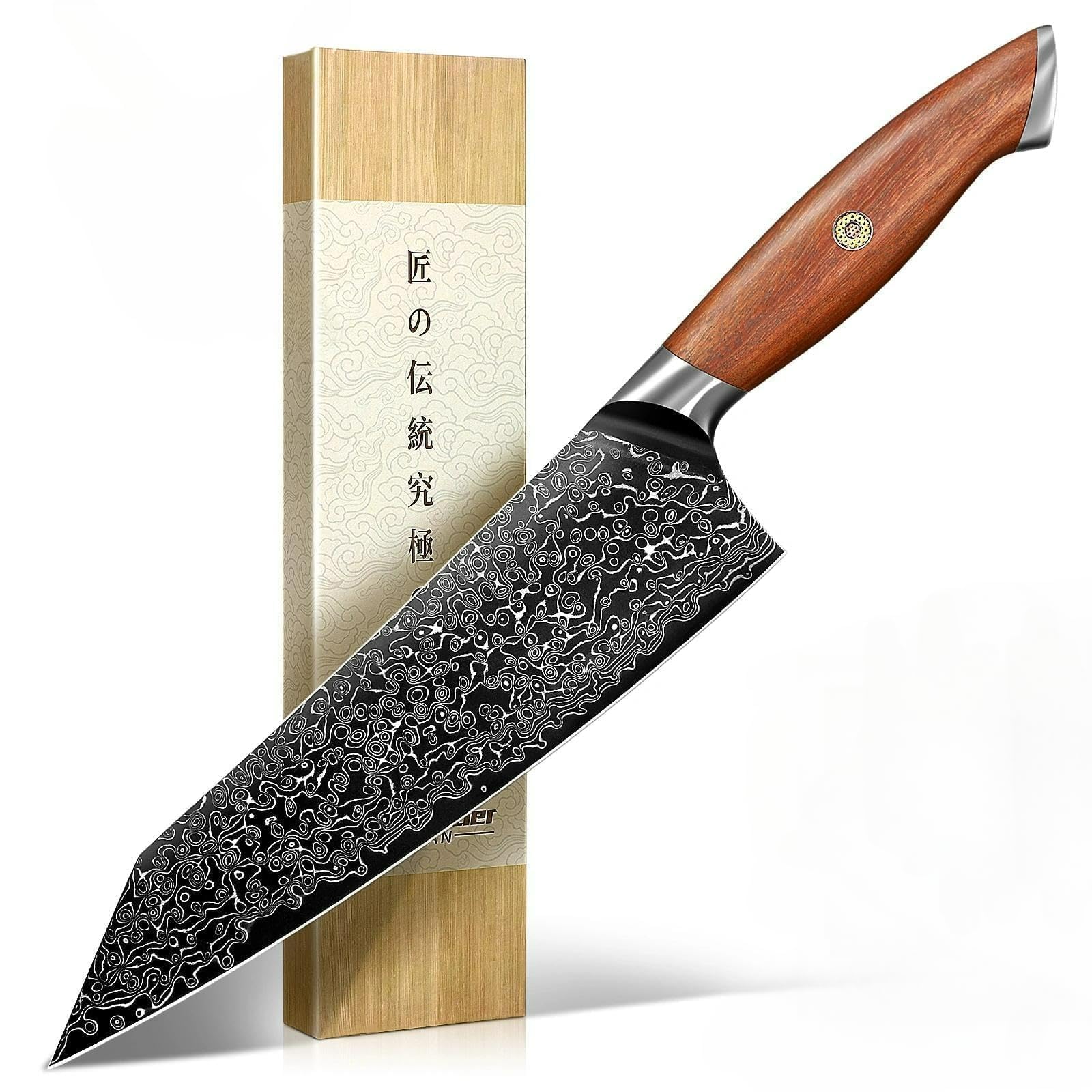 Freelander Kiritsuke Messer, Scharfes Japanisches Küchenmesser | Profi Kochmesser mit Ergonomischem Holzgriff, Küchenmesser mit Damastmuster für Fleisch, Fisch & Gemüse, Geschenkbox