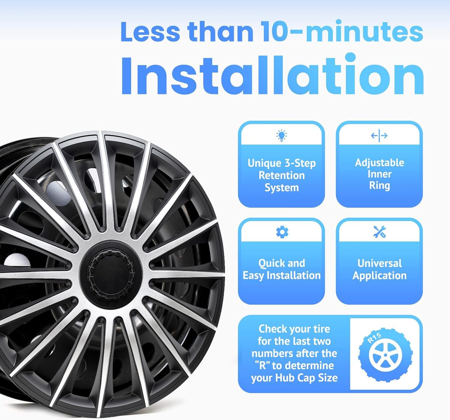 Alpena Austin Vehicle Wheel Covers, Premium European-Made Rim Covers with 3-Step Retention System, Durable Hub Caps Fits Most Steel Wheels, Set of 4, 15 Inch, Silver & Black