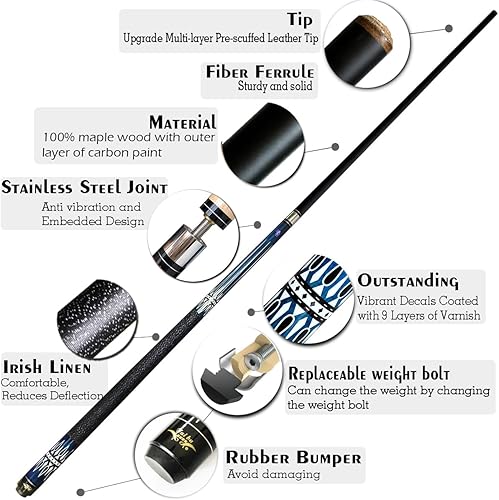 Miniatura 2 de Tai ba cues Palo de billar, punta de cuero multicapa de 13 mm, 58 pulgadas, envoltura de lino, palo de billar profesional de madera dura de arce