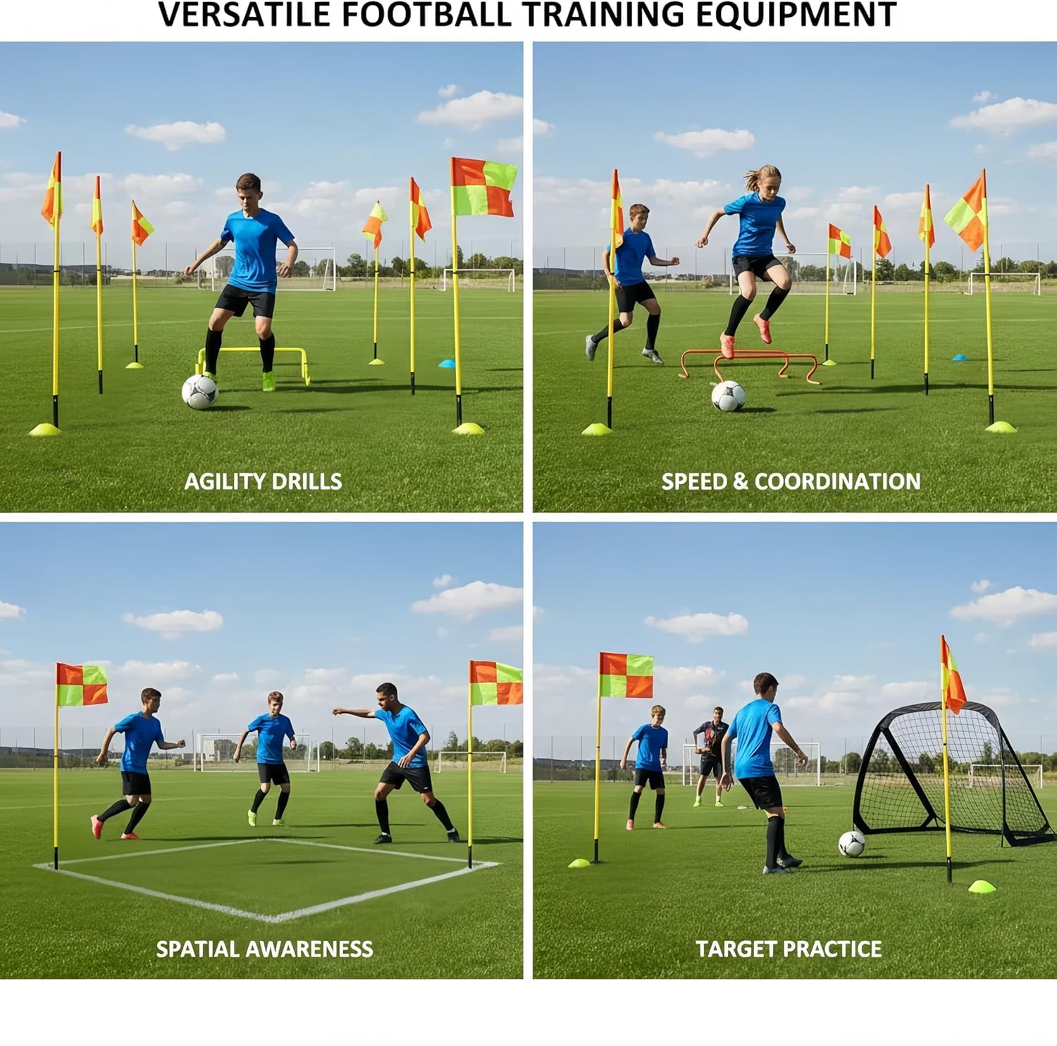 Bandiere d'angolo per campi da calcio, in plastica resistente, ad alta visibilità, 4 pezzi, quadrate, con 8 pali da 1,5 m, per allenamenti e partite all'aperto