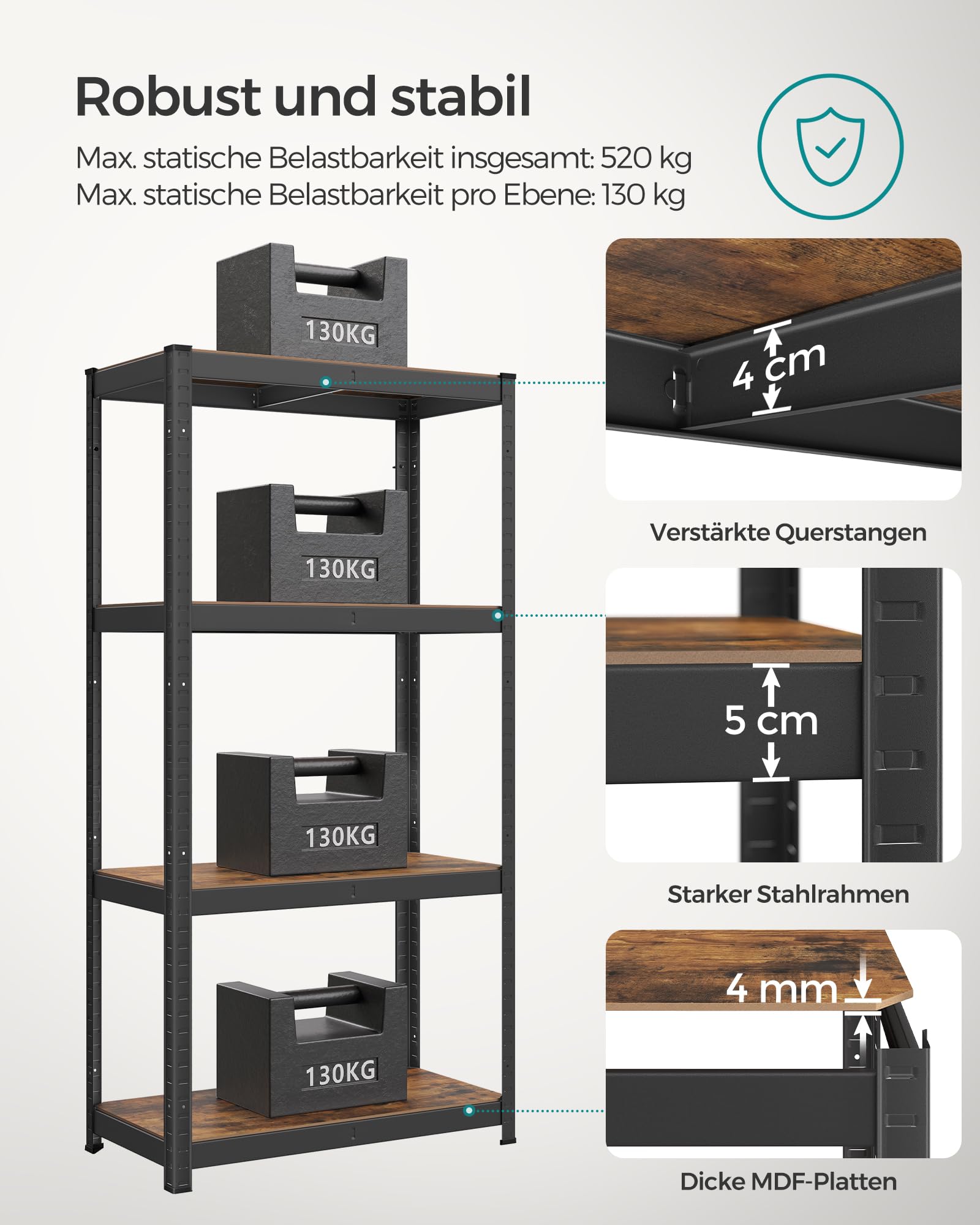 SONGMICS Standregal, Bücherregal, Lagerregal, 4 Ablagen, verstellbar, 40 x 80 x 160 cm, bis 520 kg belastbar, für Küche, Wohnzimmer, vintagebraun-schwarz GLR044B11