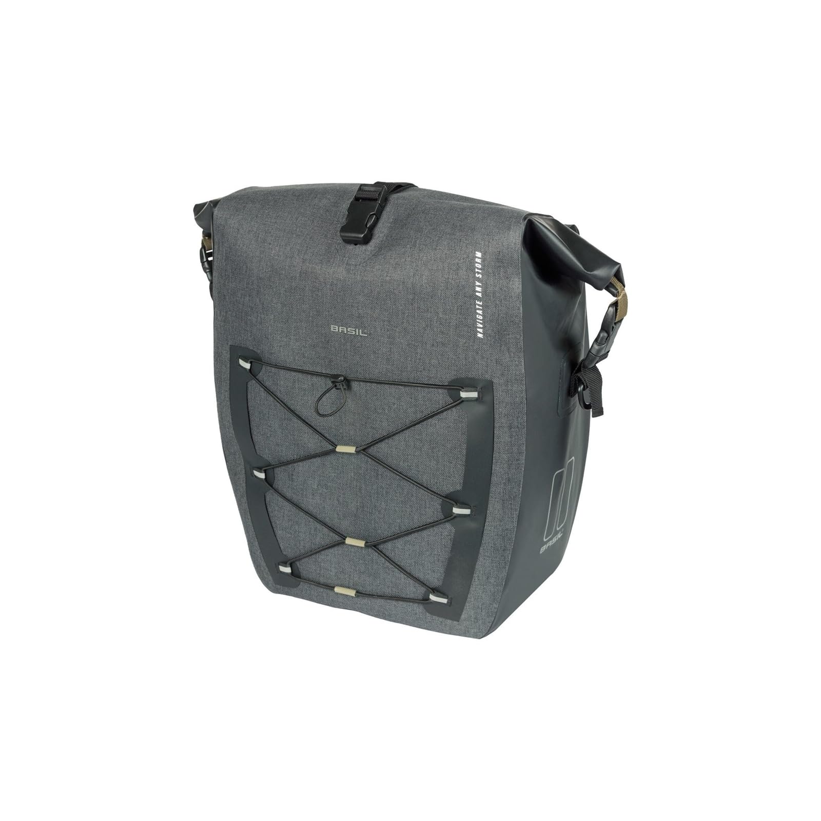 Basil Pojedyncza torba rowerowa L MIK Hooks – 25–31 l – brezent/poliester – wodoszczelna IPX3 – zamknięcie na rolce – przednia kieszeń kompresyjna – odblaskowa – odpinany pasek na ramię – czarna