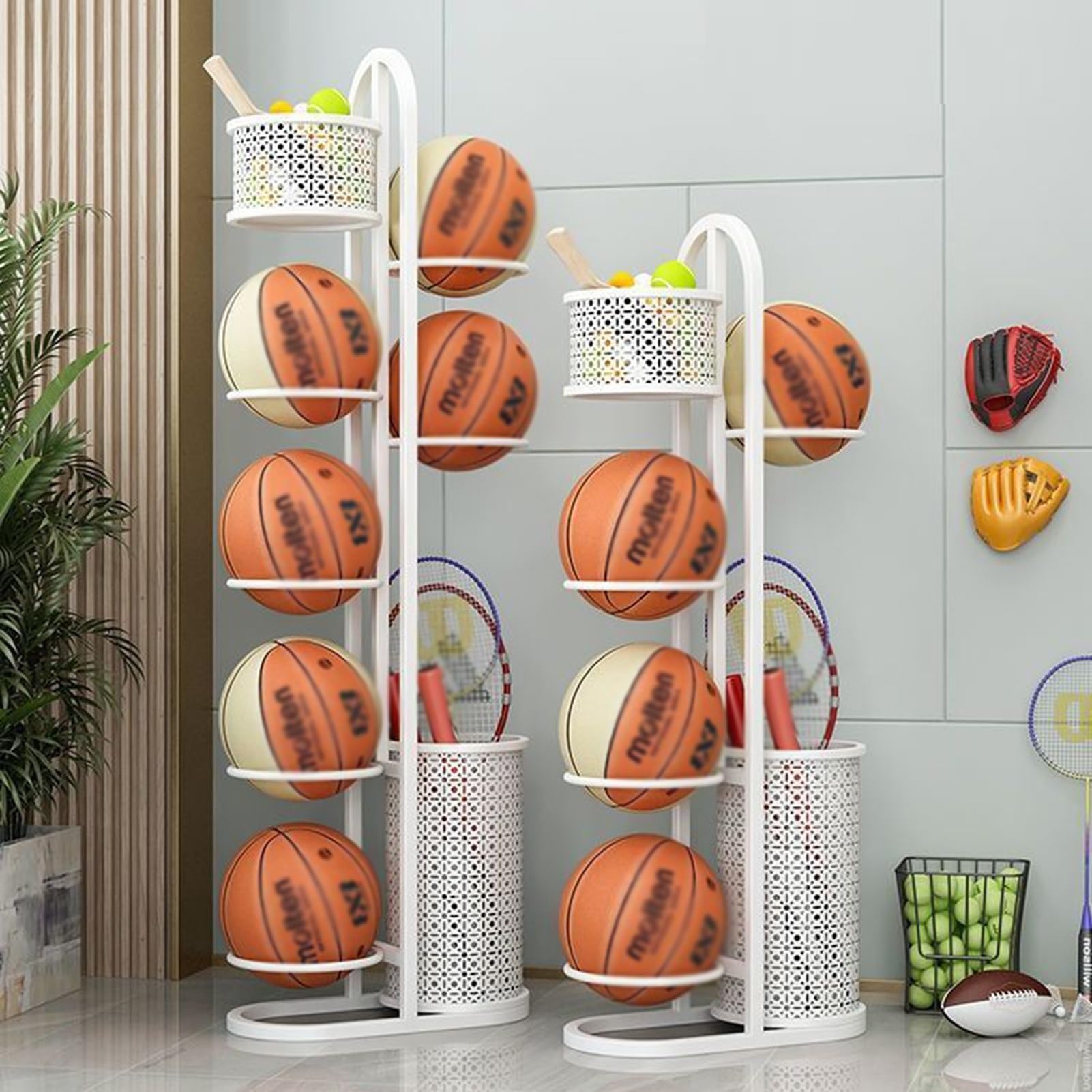 Rastrelliera For Racchette Da Tennis, Espositore For Attrezzature Sportive, Rastrelliera For Racchette E Palline Con Scomparto Superiore, For Racchetta da badminton, racchetta da tennis, basket