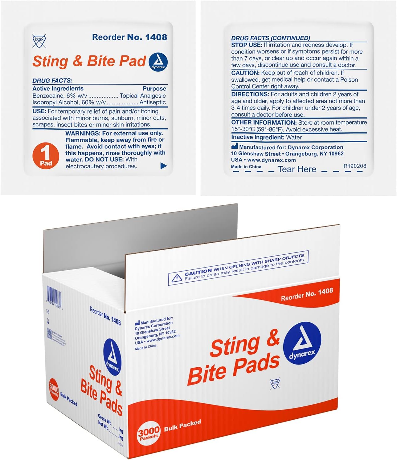 Dynarex Sting & Bite Pads - 6% Benzocaine & 60% Isopropyl Alcohol Wipes for Bug Bite Itch Relief, Temporary Pain Relief Patch for Minor Burn, Wound Cleanser - Box of 3000 Packets