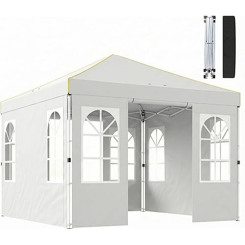 Outsunny 9.6 x 9.6 ft Pop Up Canopy Tent with Sidewalls, One Button Push Setup, UPF50+ Outdoor Portable Instant Canopy Shelter with Carry Bag, Sandbags, Adjustable Height for Parties Events, White