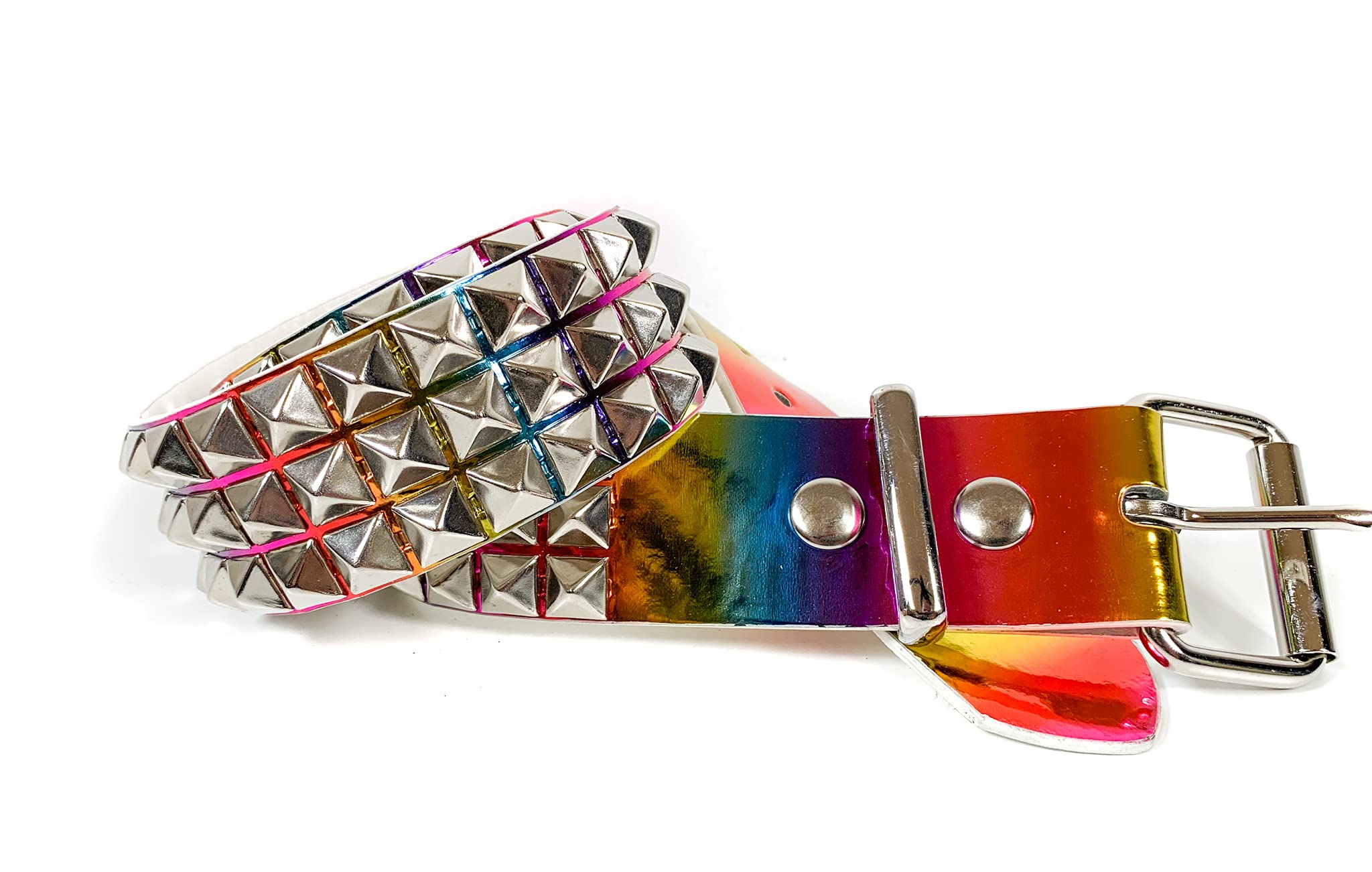 Rainbow Holographic Three Row Black Pyramid Stud Rave Studded Belt Vegan Punk Goth
