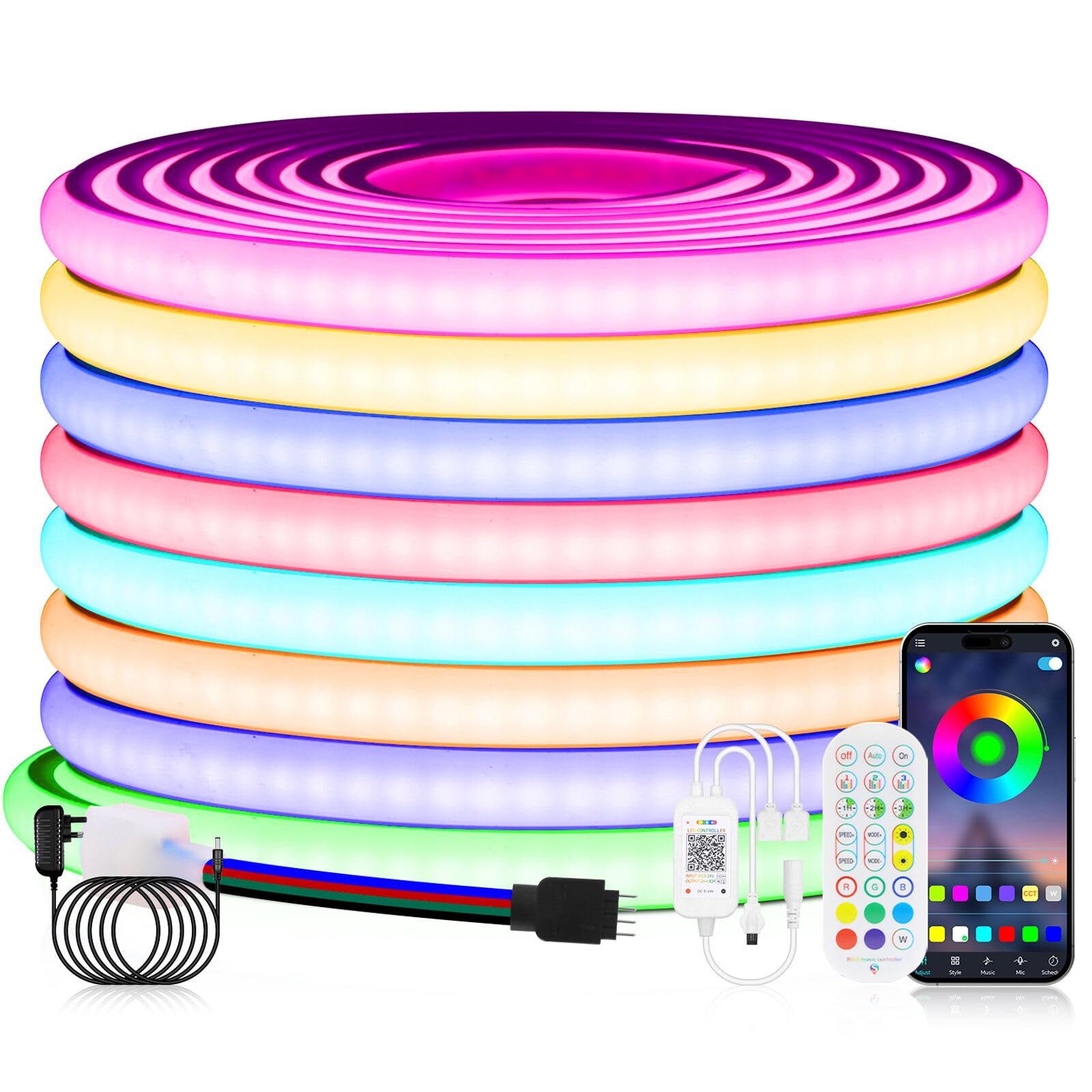 KISUFU 24V COB RGB Neon LED Strip Light, IP67 Waterproof 576 LEDs/m Colour Changing LED Tape Lights with 24 Key IR Bluetooth Music RGB Controller for Bedroom Kitchen Home Decoration.